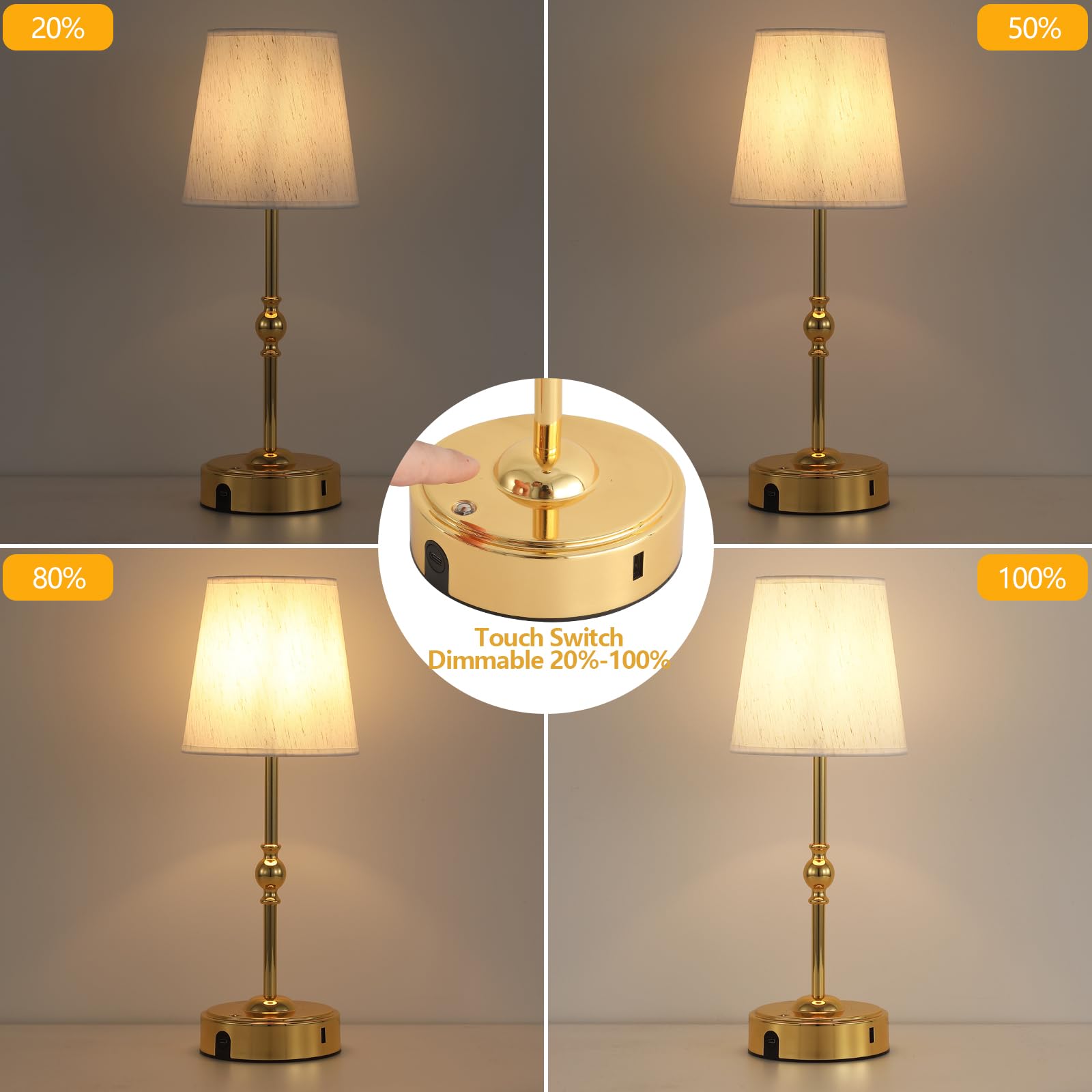 MEIXISUE Cordless LED Table Lamp with Dimmer, 10000mAh Rechargeable, Small Gold, Model T2501C, Ideal for Home, Camping, and Outdoor Use