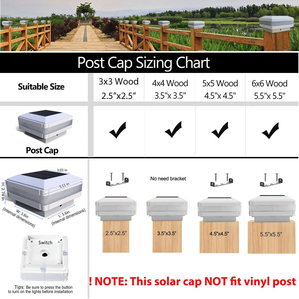 Sumaote Solar Post Cap Light, 52 Leds 160 Lumen Outdoor Solar Post Light Fits 4X4 5X5 6X6 Wooden Posts Fence Post Lights Platform Garden Patio Deck Lighting 6000K White Light, White Shell, 1 Pack