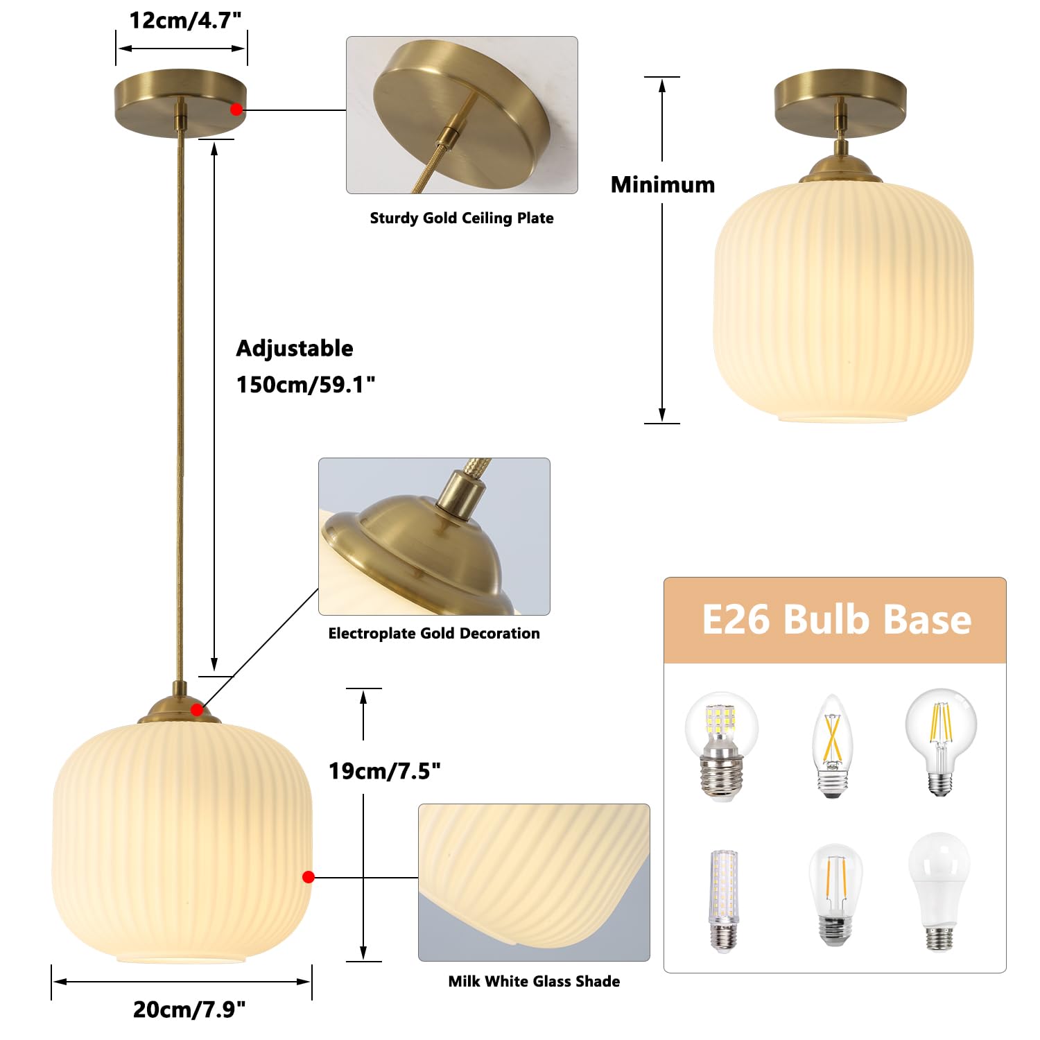 Kco Lighting Modern Gold White Glass Pendant Light Contemporary Brass Metal Kitchen Island Dining Pendant Light Industrial Large