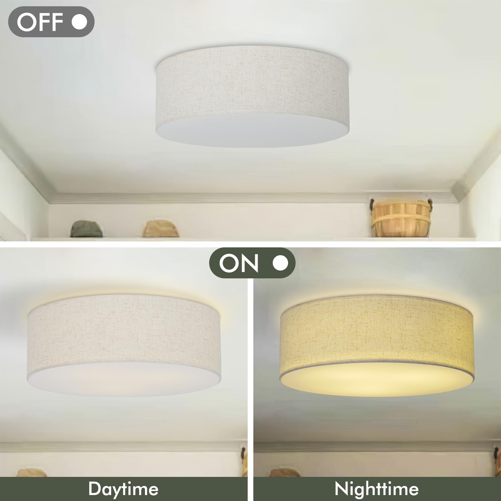 Vexagyle Flush Mount Ceiling Light,16''Modern Close To Ceiling Lamp With Double Linen Fabric Shade,3 Light Semi Flush Mount Ceil