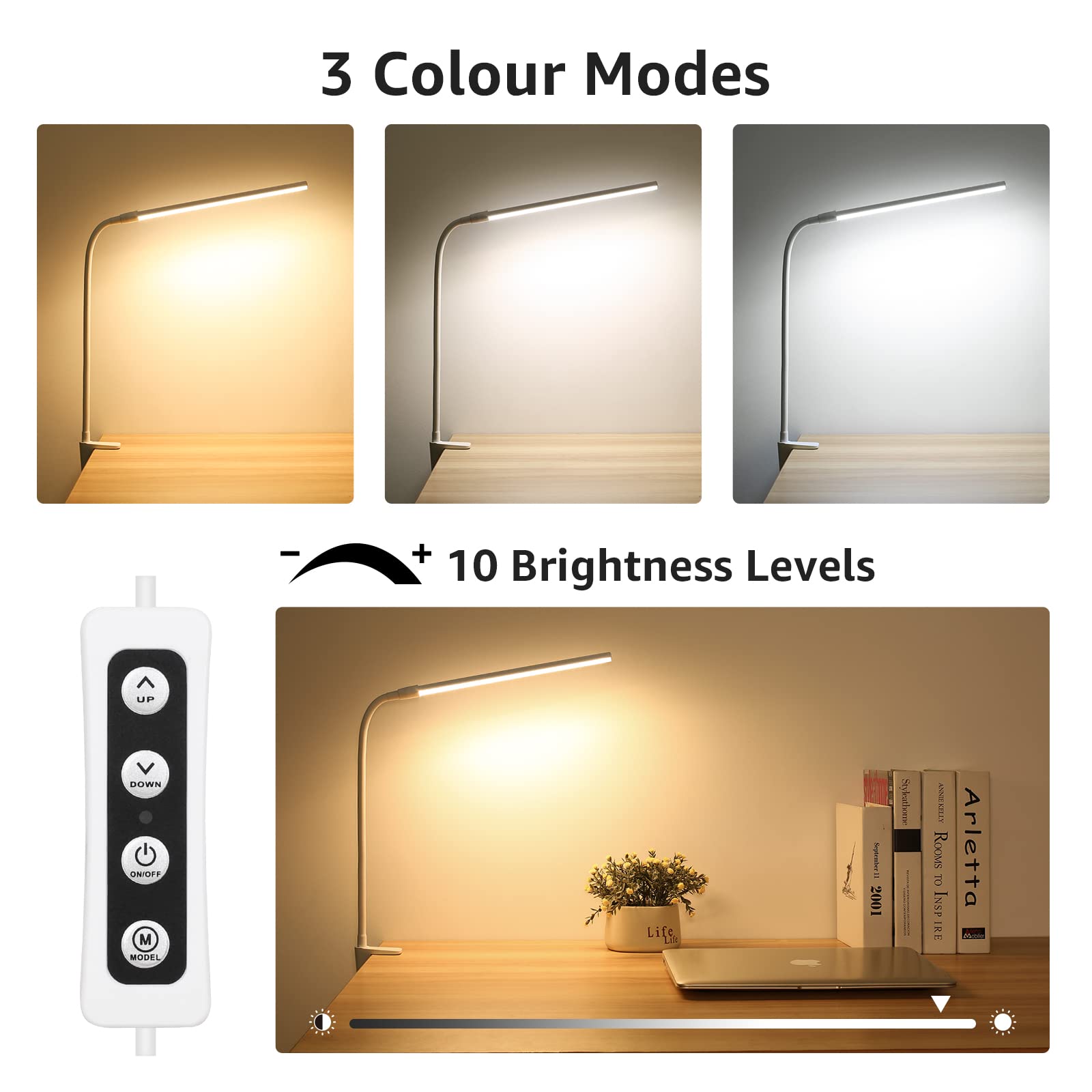 Lepro LED Clip-On Desk Lamp - Dimmable, 3 Color Modes, 10 Brightness Levels, Adjustable Gooseneck, White, Model PR310005-DWW