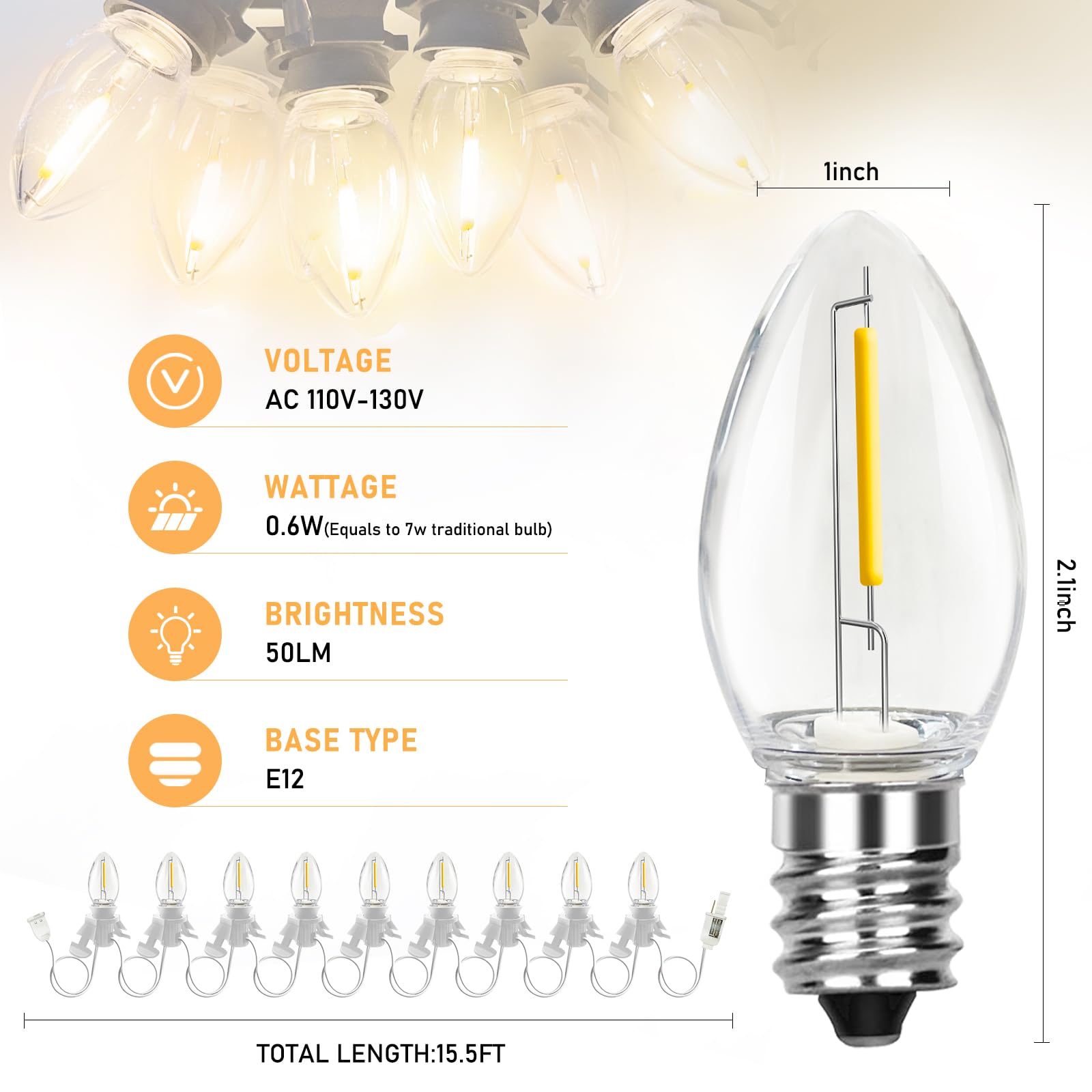 Doratale C7 LED Light Cord with Clip, 15.5 Ft, White, Plastic, 9 Bulbs for Indoor Crafts and Holiday Decor