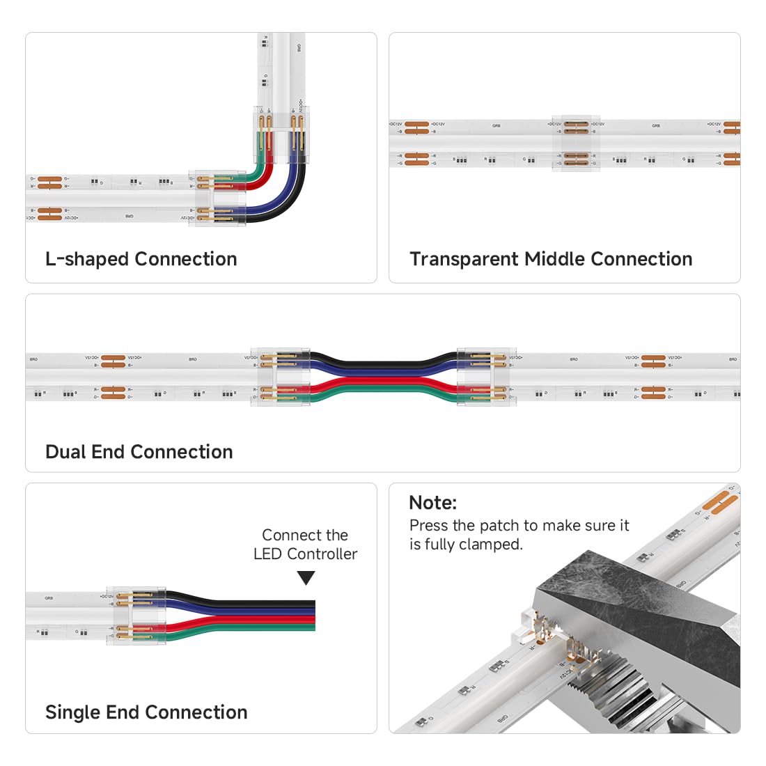BTF-LIGHTING FCOB 10MM 4PIN Connector Kit for PWM RGB LED Strips, L-Shaped, Dual-End, Gapless, Multicolor
