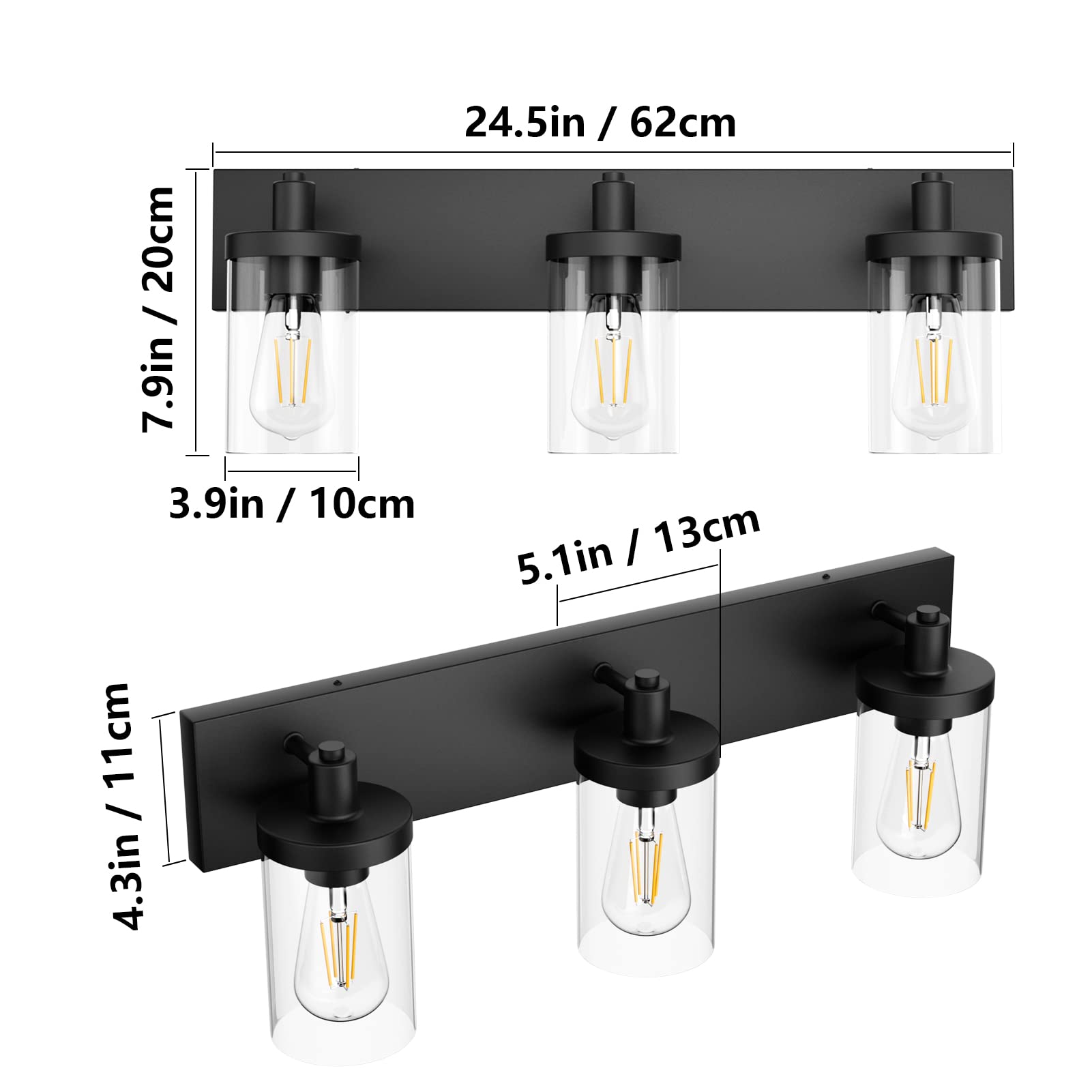 Aipsun Black Vanity Light For Bathroom 3 Light Farmhouse Bathroom Lights Fixtures Over Mirror With Clear Glass Shade(Exclude Bul