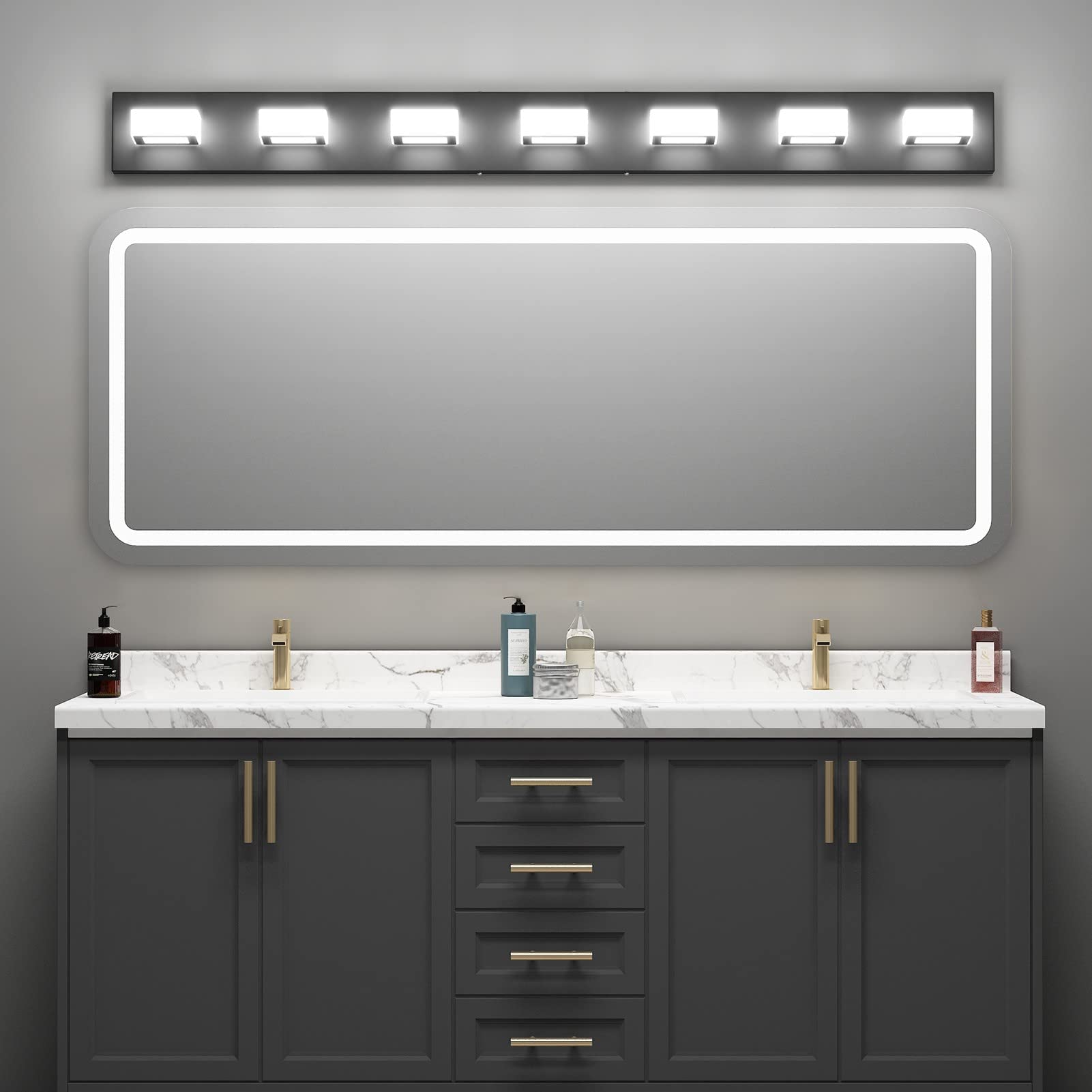 Ralbay 48" LED Black Vanity Light Fixture, 7-Light Metal Acrylic, Modern Bathroom Wall Lighting, Model 8590, Cool White