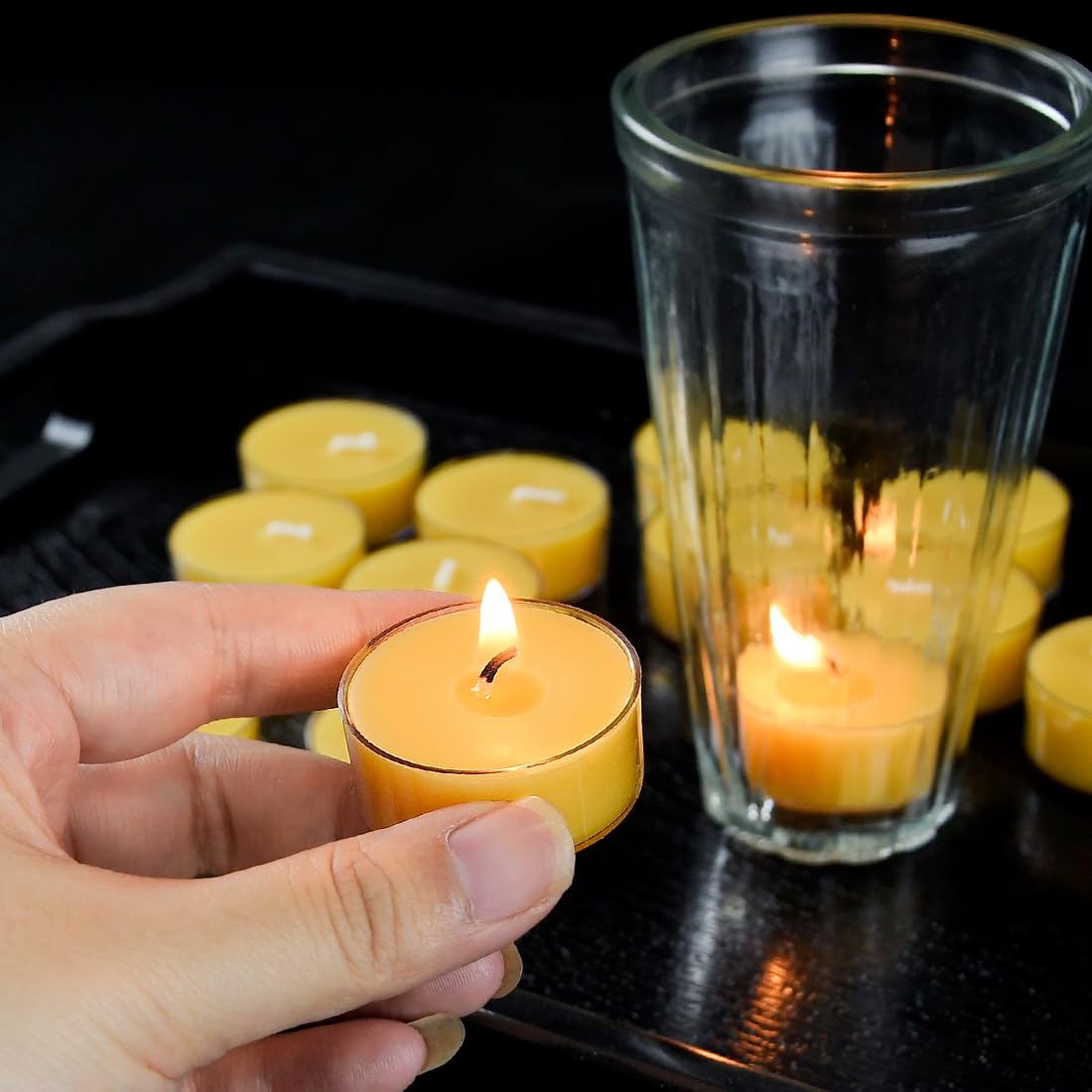 JONERAY 16 Packs Beeswax Tealight Candles,4 Hour Extended Burn Time,Natural Unscented Beeswax Candles in Clear Cup for Home Deco