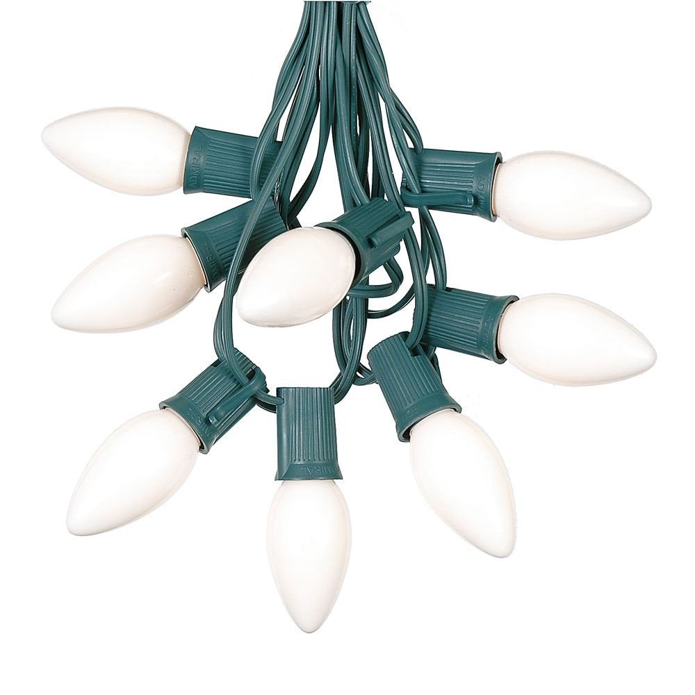 25 Foot C9 White Ceramic Christmas String Light Set - Outdoor Christmas Light String - – Opaque Christmas Bulbs - Roofline Light String – Outdoor String Lights - Green Wire