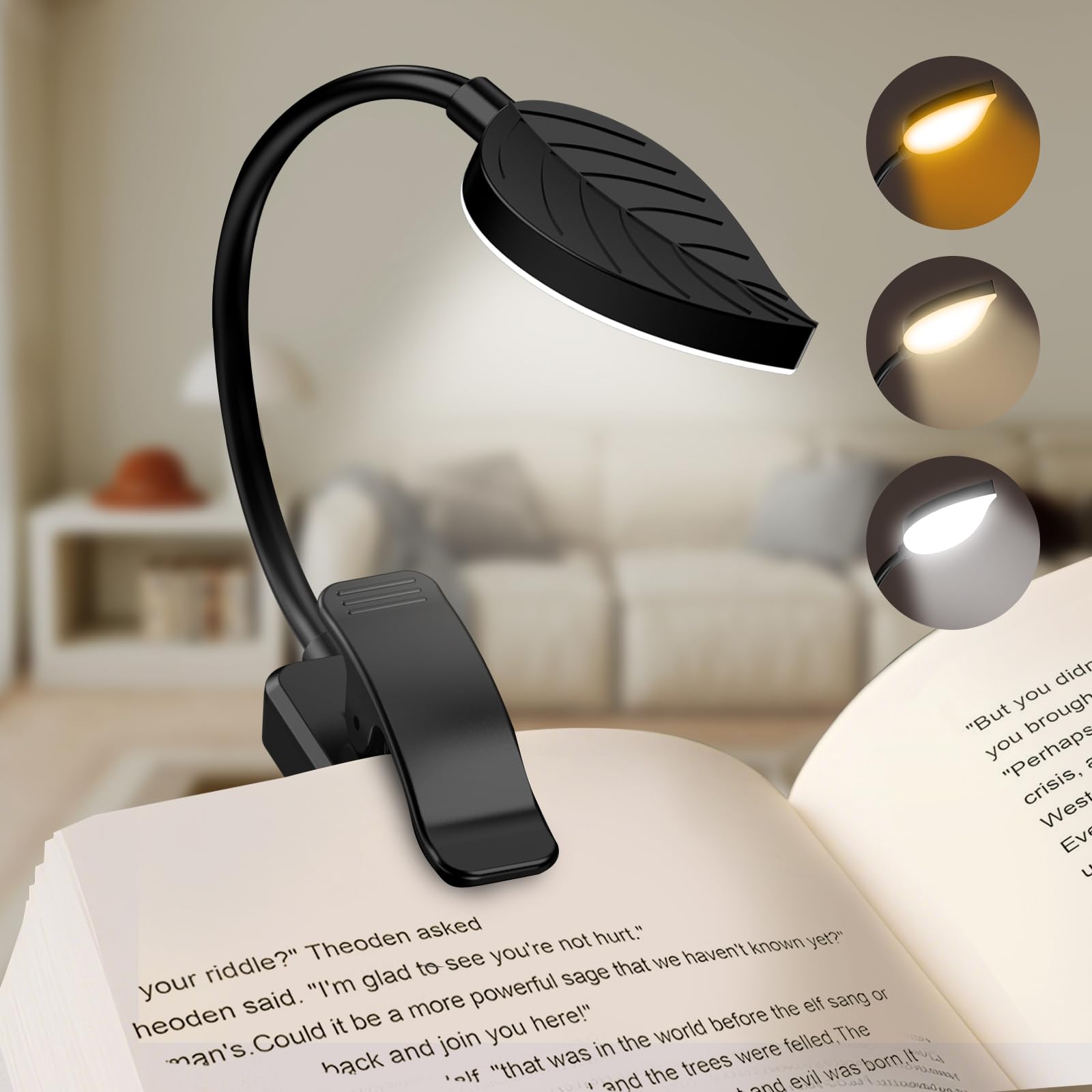 Rechargeable Book Lights for Reading at Night - Eye,3 Color Temperatures,3 Brightness Levels,Flexible Goose Neck Clip on Light,R