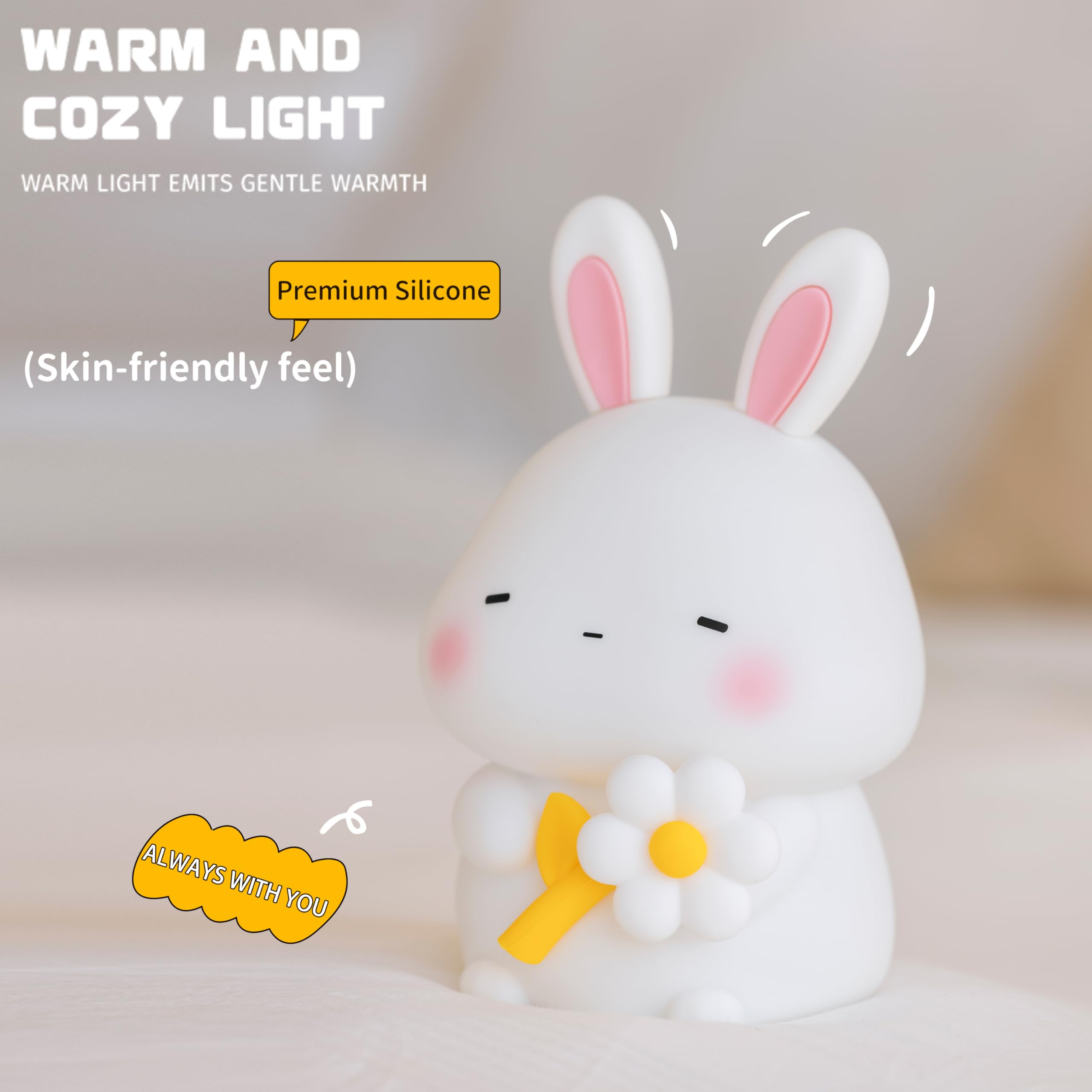 Myratts Led Cute Bunny Night Light, Dimmable Nursery Kawaii Lamps, Super Squishy Silicone USB Rechargeable Touch Control Night L