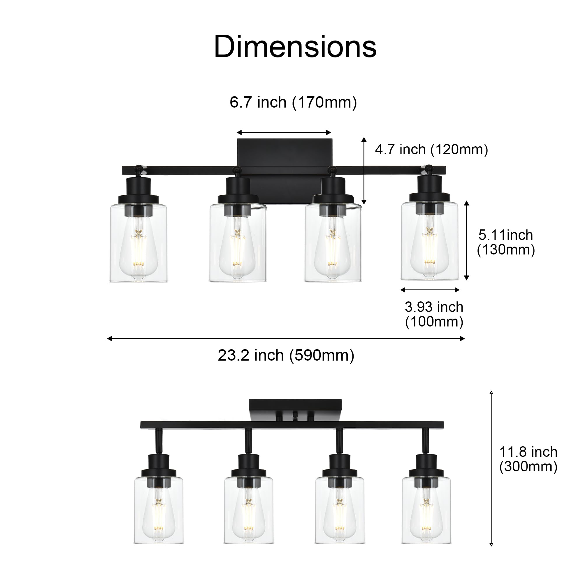 Wanluce 4-Light Track Lighting Kit Black Track Lighting Fixtures Bathroom Wall Sconces Ceiling Mount Kitchen Tracking Lights  Rotatable Spotlight With Clear Glass Shade For Kitchen Shop Hallway