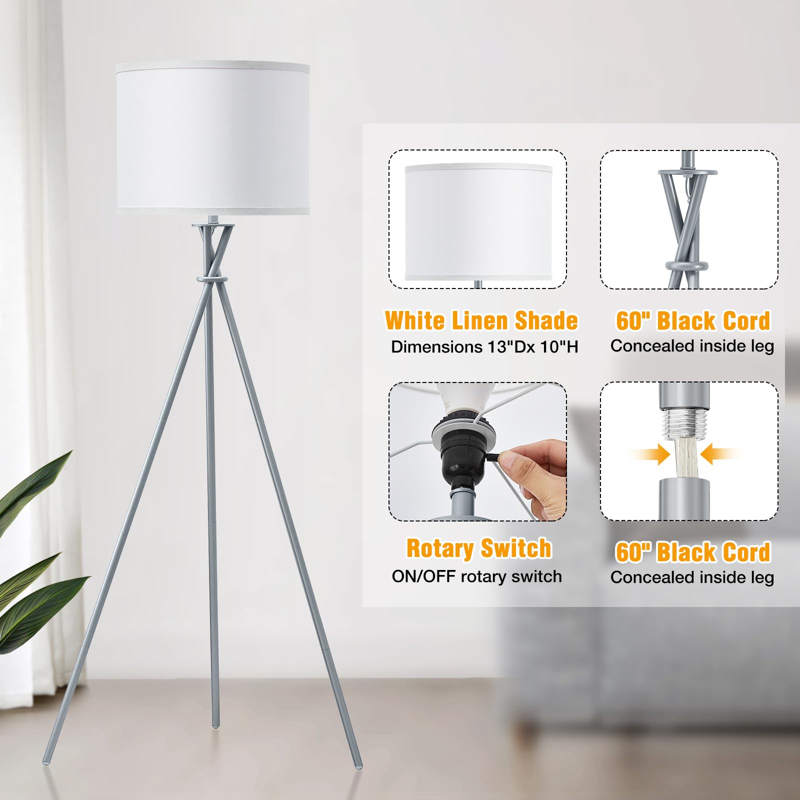 Luvkczc Tripod Floor Lamp Silver, 61” Tall, Metal, Modern Design with White Shade, Model 1FL-054-03