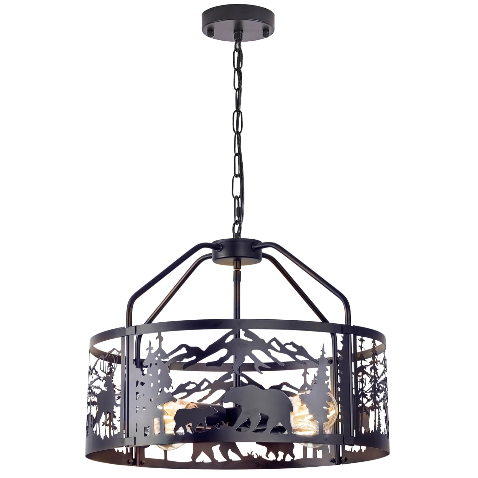 Farmhouse Rustic Ceiling Light Fixtures, Modern Black Metal Chandelier Light Fixture With Bear And Deer Design, Adjustable Heigh