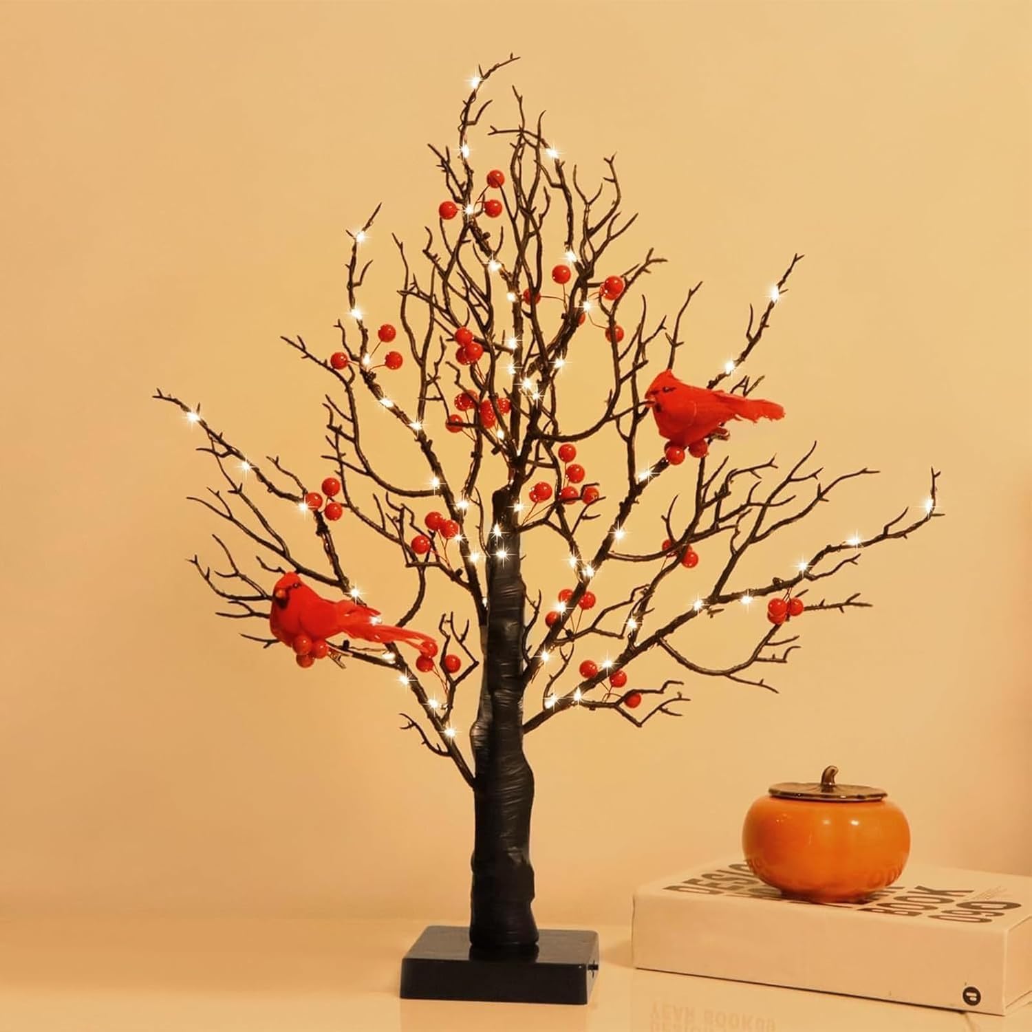 Vintage Glowing Tree with Cardinals: Lighted Tree with Berries, LED Cardinal Christmas Ornaments, Twinkle Lights Decoration for