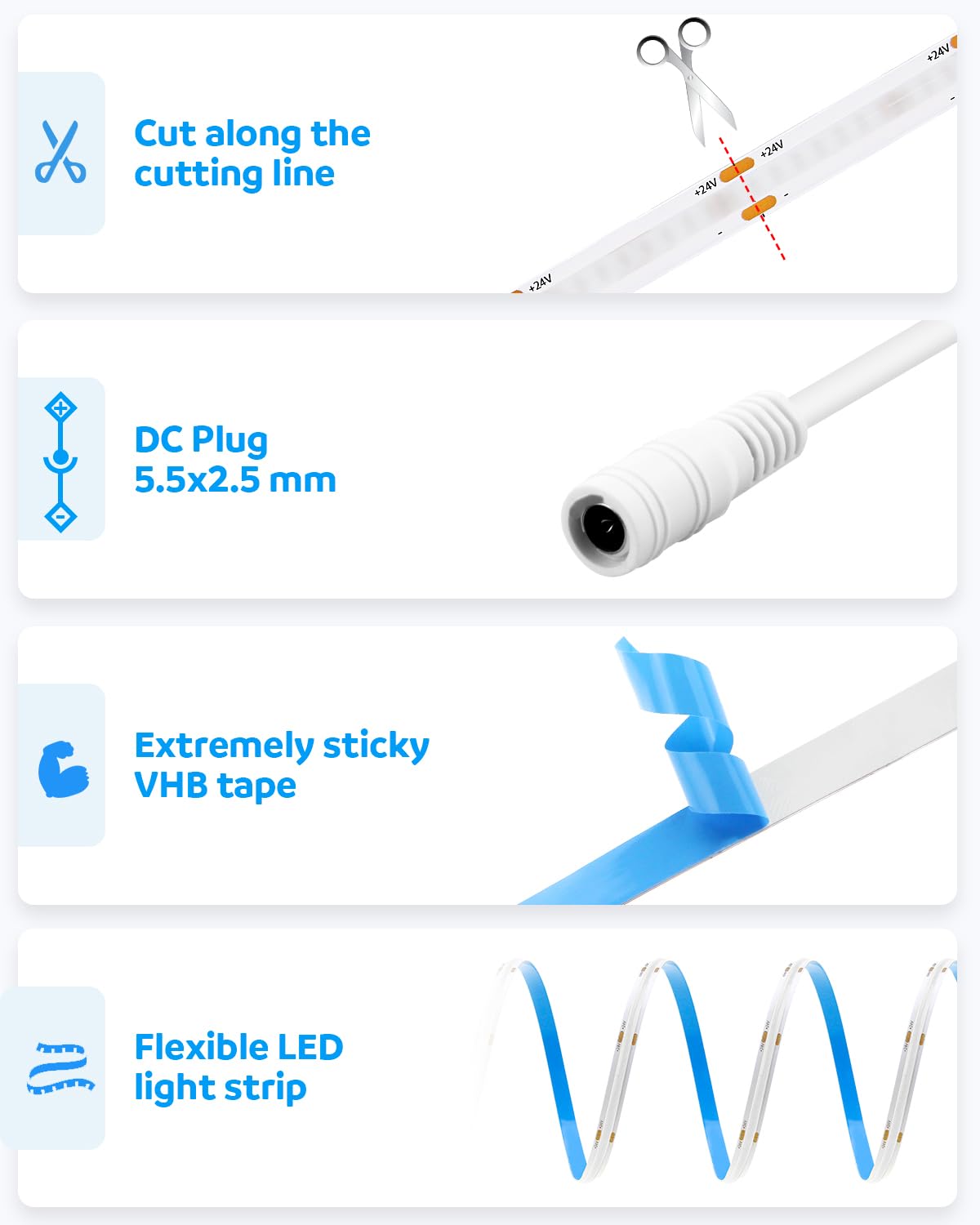 Aclorol 32.8Ft Blue Led Strip Lights Cob Led Strip Light 24V Flexible Led Tape Light For Bedroom Kitchen Cabinet Closet Other Ho