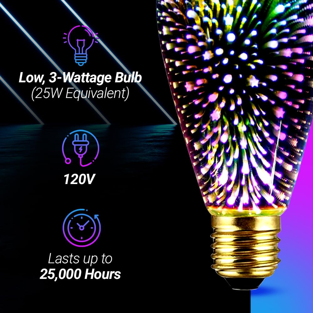 4 Pack Infinity 3D Fireworks Effect St19 Led Light - 3W 120V Fairy Multicolor Disco Party Bulb, Stain Glass Colorful Firework Li