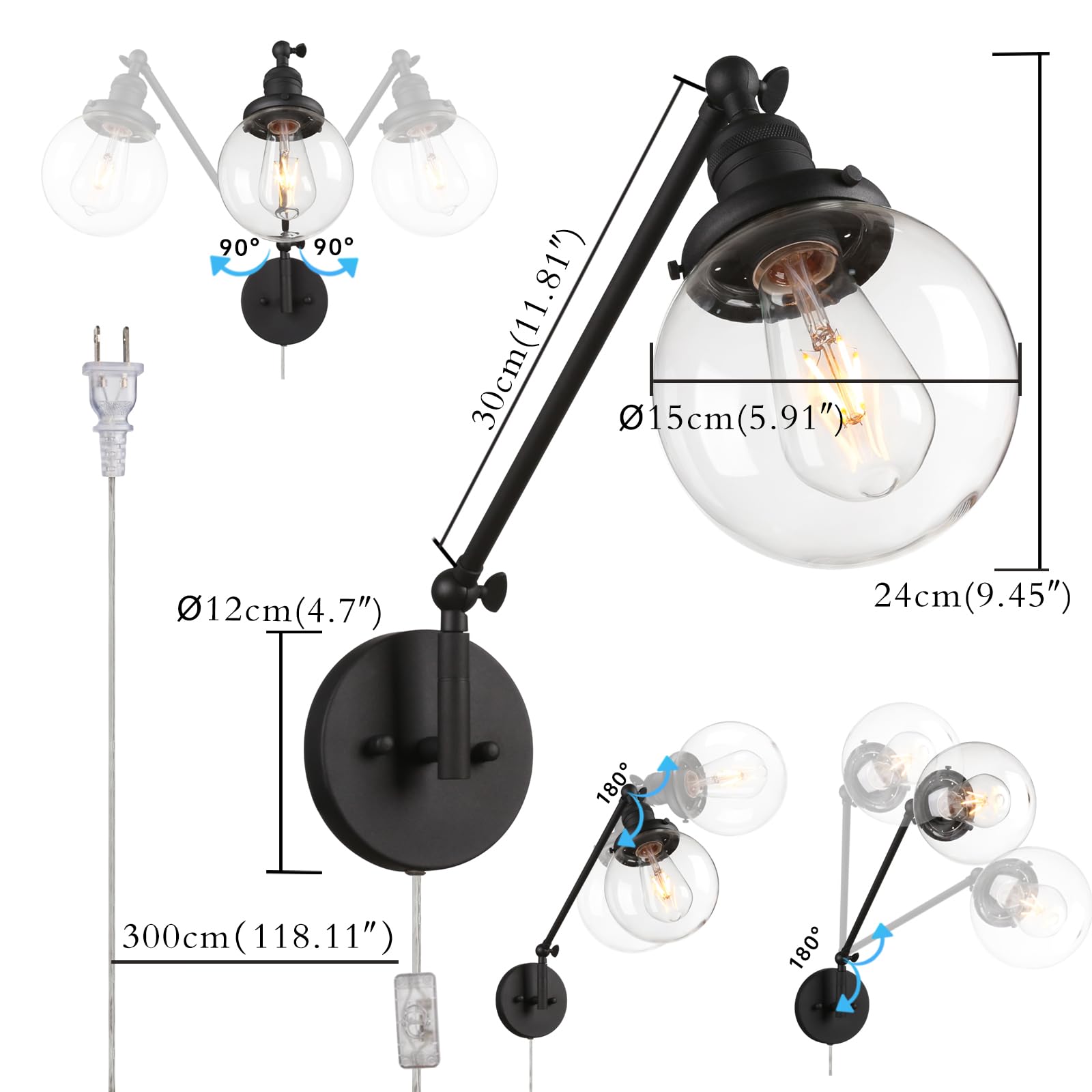 Permo Industrial Wall Sconce Plug In Sconce Swing Arm Wall Light Fixture With 5.9 Glass Globe Shade For Bedroom, Living Room Off
