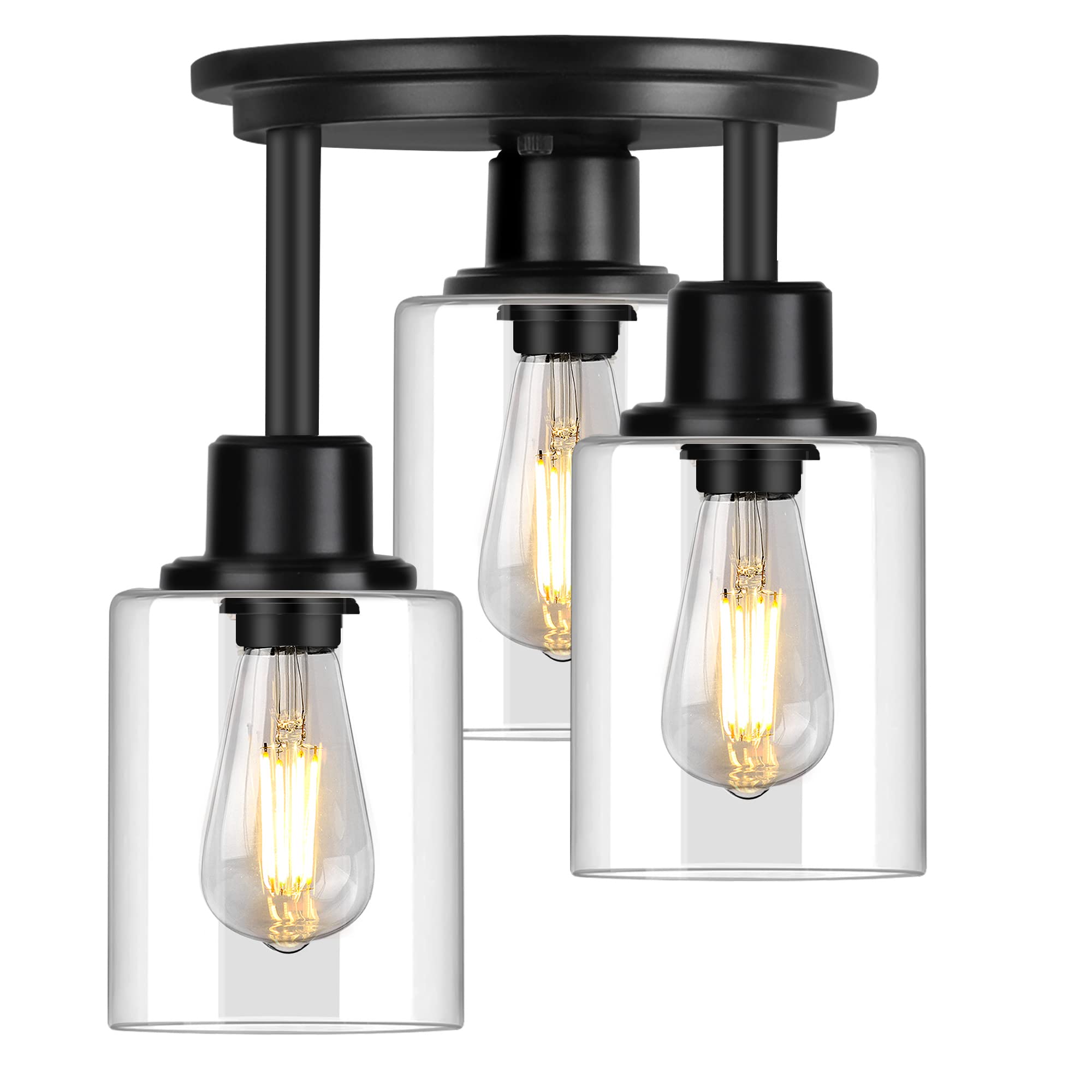 Rottogoon 3-Light Semi Flush Mount Ceiling Light, Matte Black With Clear Glass Shades