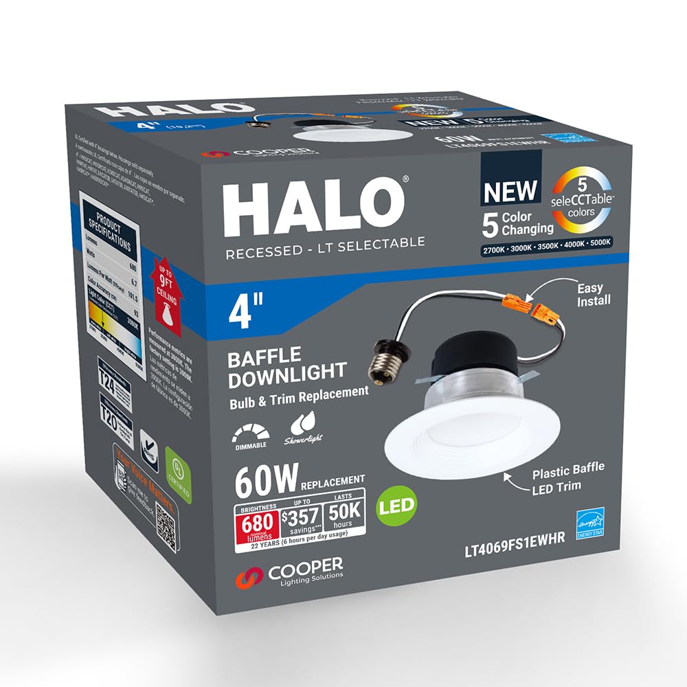 Halo Lt 4-Inch Indoor Integrated Led Recessed Light With Baffle Trim, Selectable 5Cct 650-Lumens, Matte White, Ic Rated