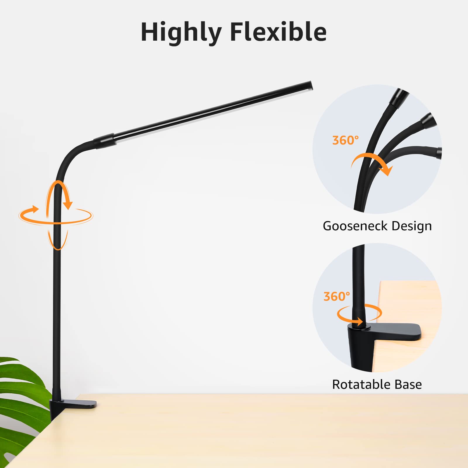 Lepro Clip-On Desk Lamp LED, Dimmable USB Clamp Light, 3 Color Modes, Flexible Gooseneck, Black, Model PR310006-DWW