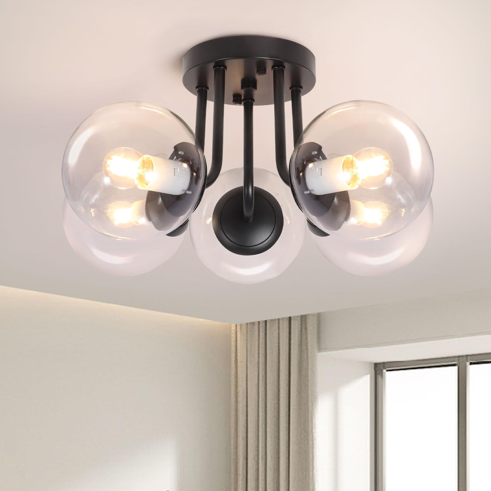 Bektas 5-Lights Semi Flush Mount Ceiling Light Fixture Matte Black Light Fixture Bend Modeling With Transparent Glass Shade For Bedroom,Living Room,Dinning Room Foyer Hallway
