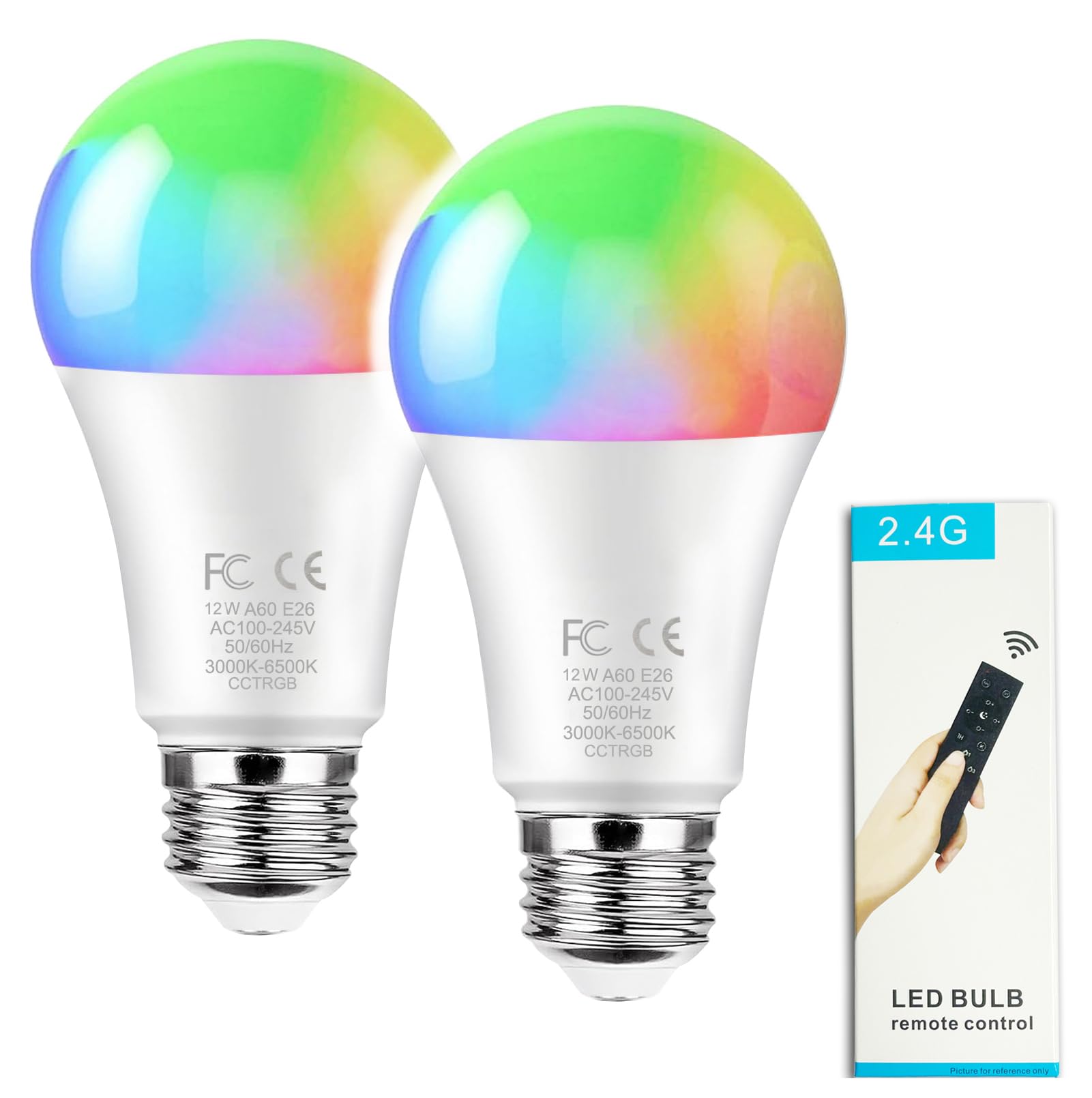 GRV Smart LED Light Bulb 12W RGBCW Color Changing 3000-6500K E26 Base 2 Bulbs + 1 Remote