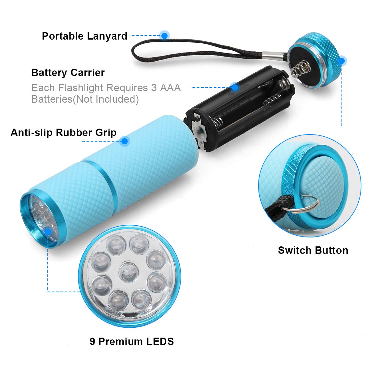 AHIER LED Flashlights, 9 Glow in Dark Rubber Coated, Portable for Camping & Hiking, Blue, Model ALLC-ButtonLED-4P