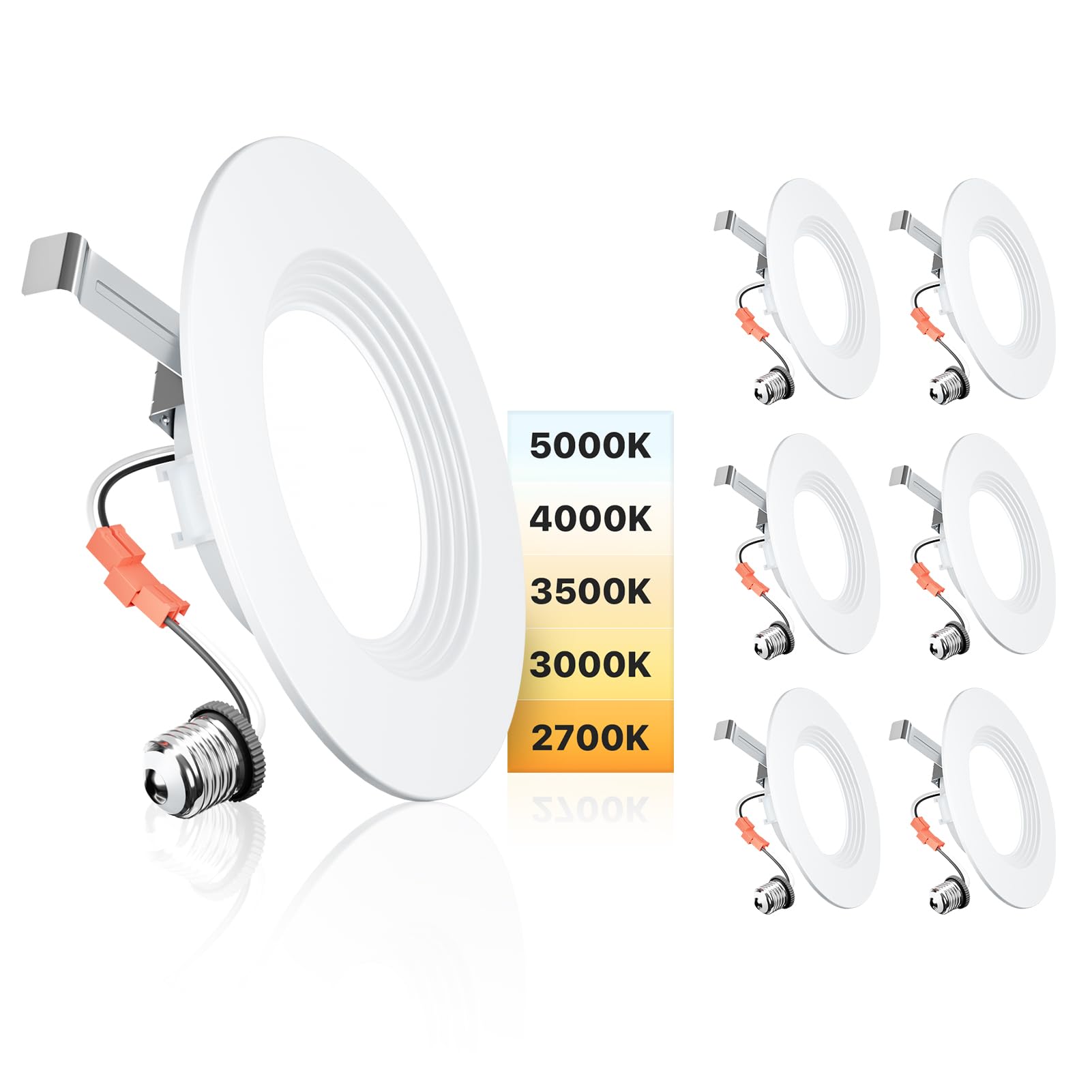 Ensenior 5/6 Inch 5Cct Led Can Lights 6 Pack, Retrofit Led Recessed Lighting, Baffle Trim, Dimmable, 9W=110W, 1000Lm, 2700K/3000K/3500K/4000K/5000K Selectable, Ic Rated - Fcc Certified
