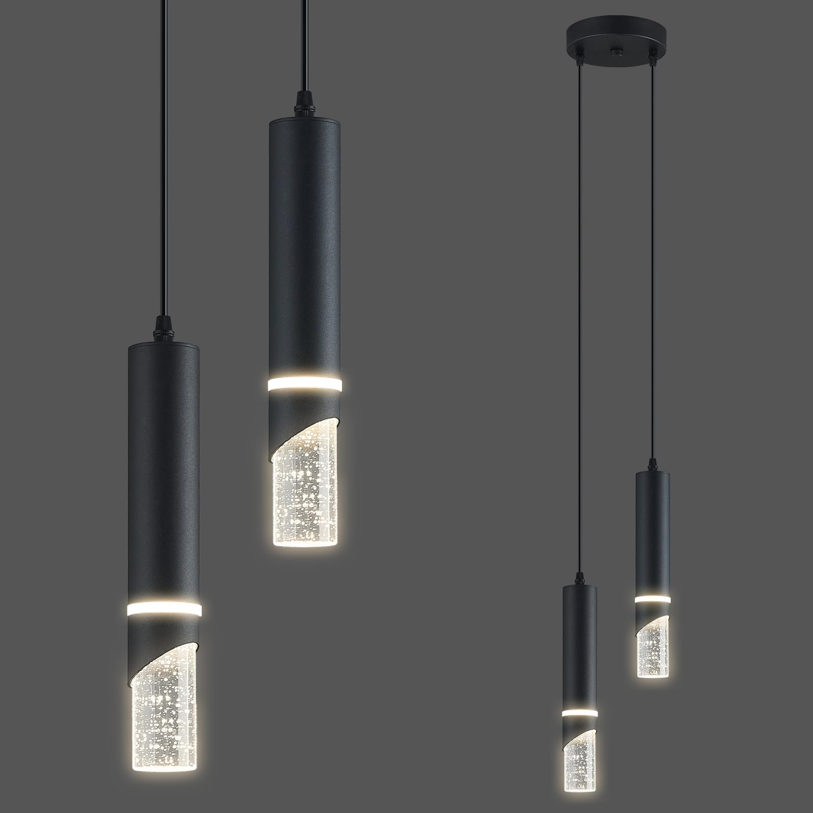 LIANGMH Modern Dimmable Led Pendant Lights Kitchen Island  Ideal for Living Room  Bedroom Sink 12w LED Crystal Energy-Saving Hanging Lamp for Cozy Lighting (Black 2 Light)