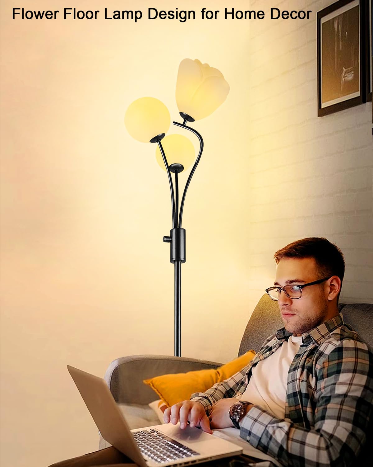 69In Dimmable Floor Lamp Black Standing Lamps With 3Pcs 3000K Bulbs Art Deco Floor Lamps With Globe & Flower Lampshade For Girls