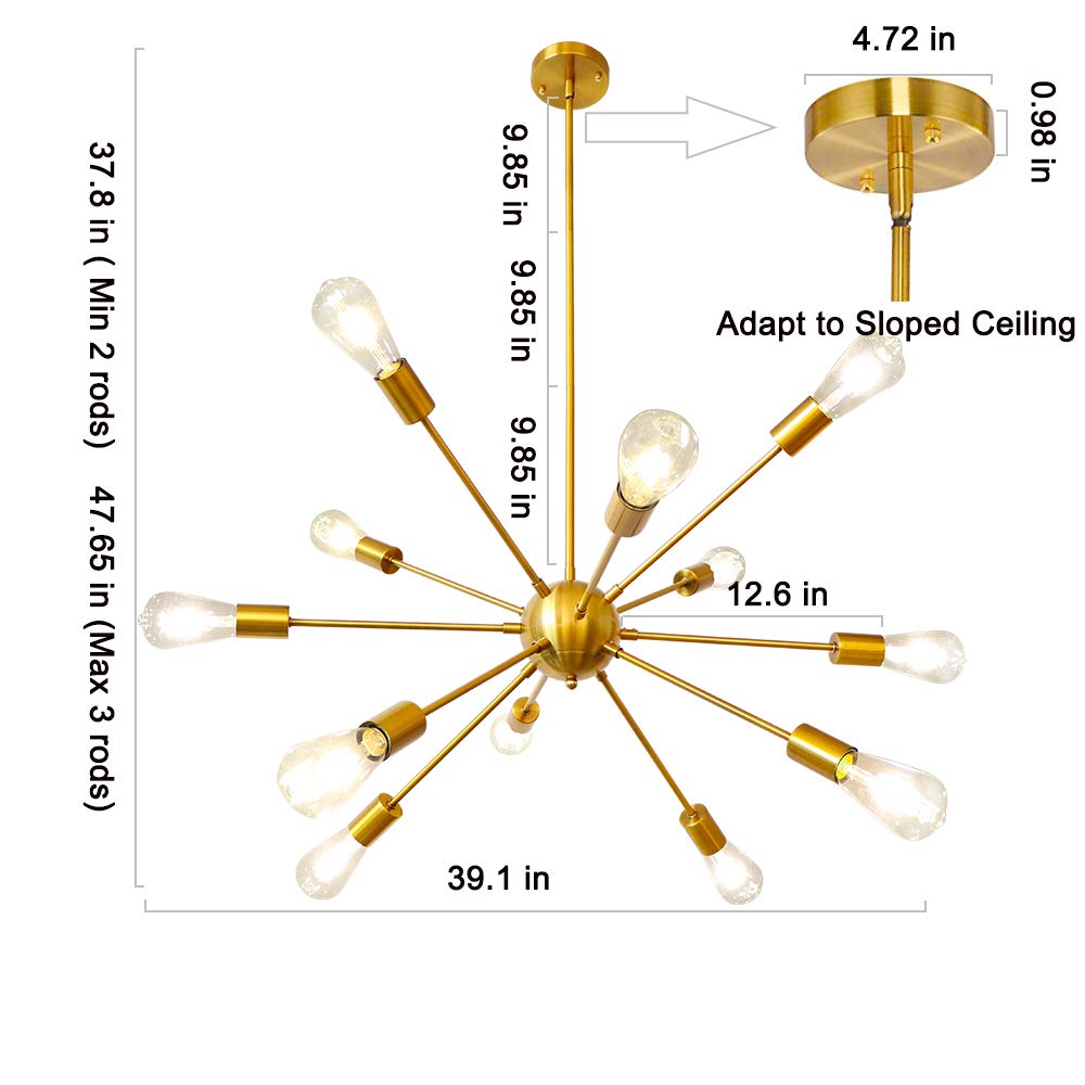 Lynpon Gold Sputnik Chandelier, 12-Light Modern Ceiling Fixture For Dining Room & Living Room