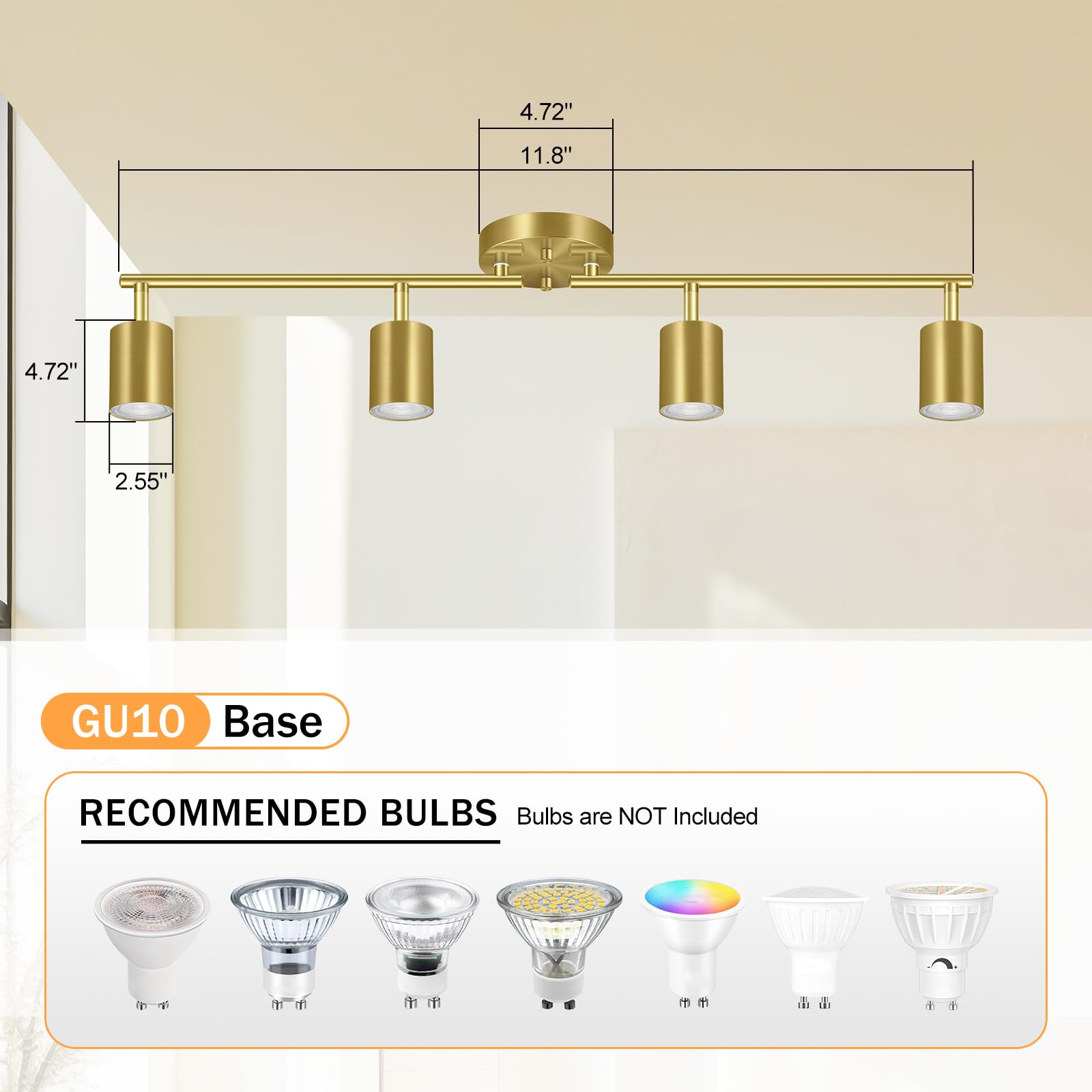 Boostarea Gold Led 4 Light Track Lighting Kit, 4 Way Ceiling Spot Lighting, Flexibly Rotatable Light Head For Kitchen, Living Ro