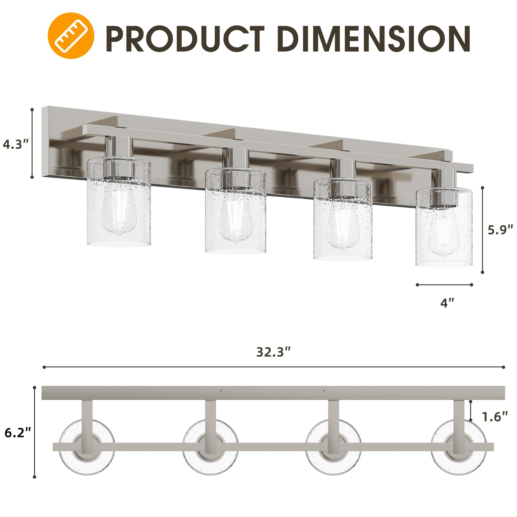 Espird Bathroom Vanity Light, 4-Light Brushed Nickel, Thickened Seeded Glass Shade, 33 inch, Model EL-DBB-SV4