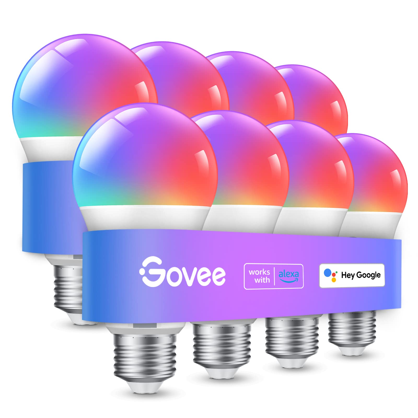 Govee Smart Light Bulbs, WiFi Bluetooth, 16 Million Colors, Music Sync, 800 Lumen, H6008, Multi-colored, 8 Pack