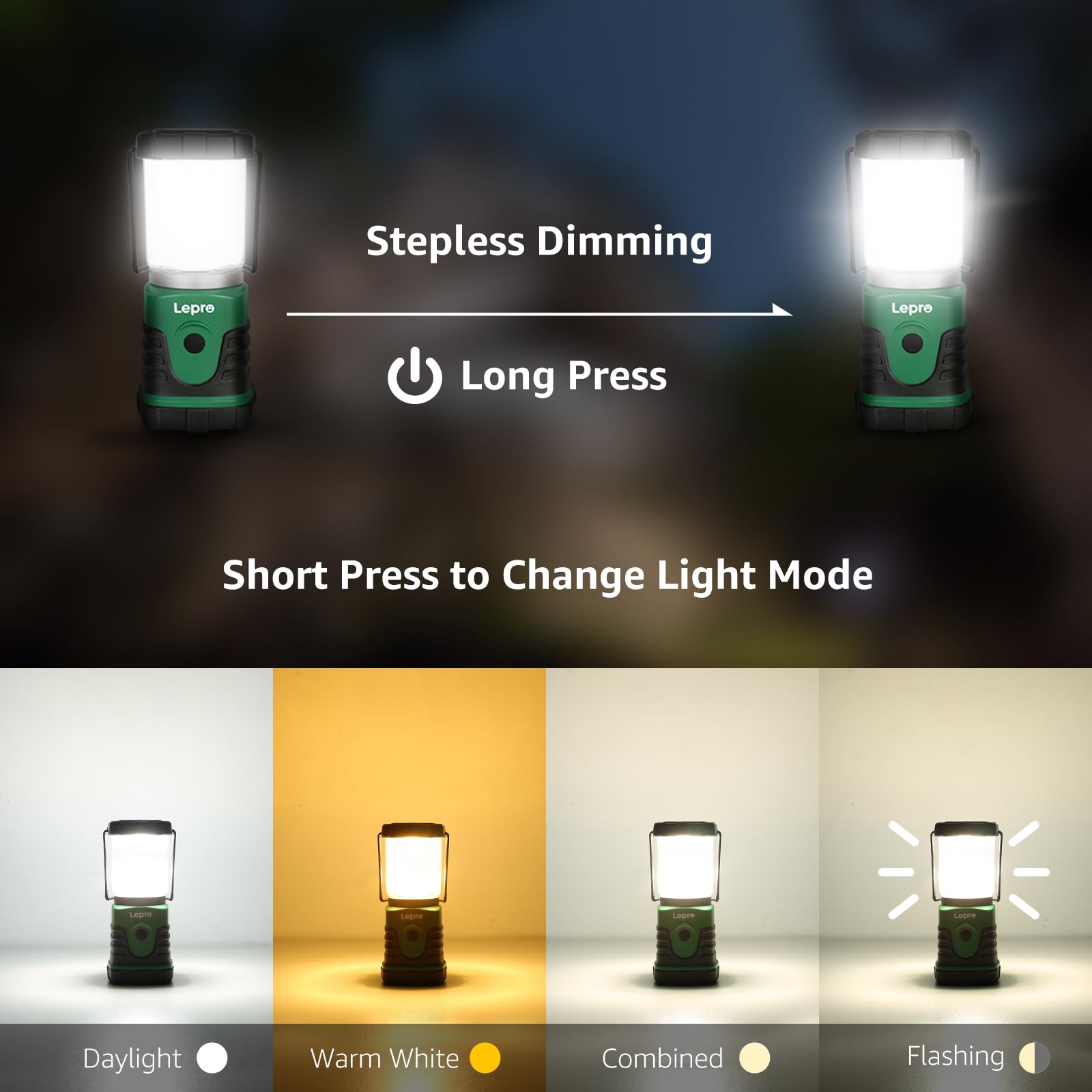 Lepro Mini LED Camping Lantern, 350LM, 4 Light Modes, Battery Powered, White, 2 Packs, Model PR330032-2