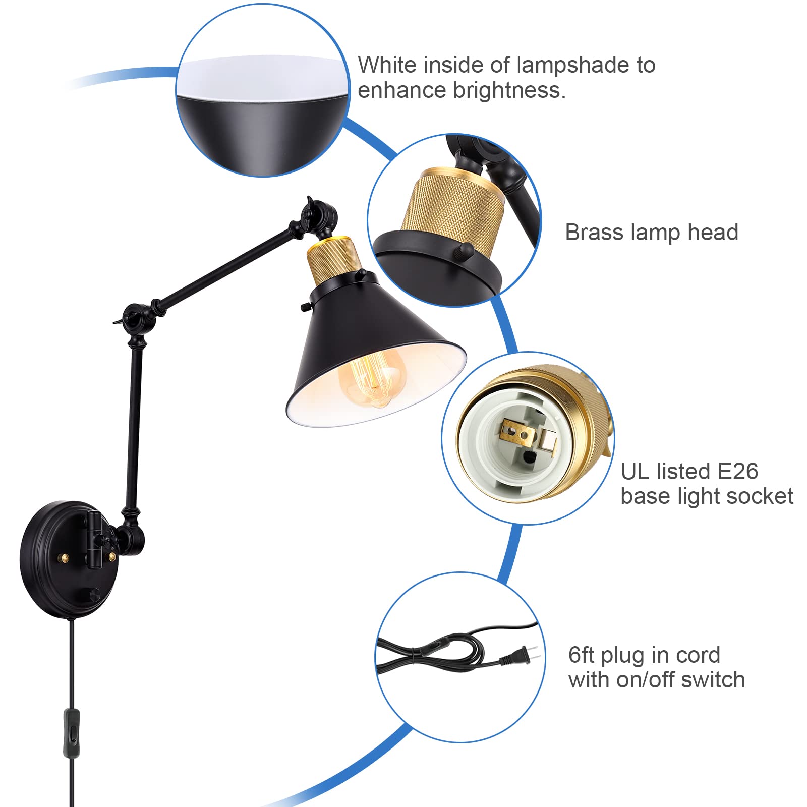TRLIFE Dimmable Wall Sconce, Swing Arm Light, Metal, Black, E26 Base, 1 Pack, UL Listed, Two-Arms