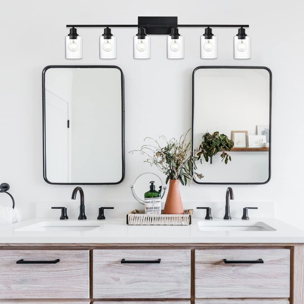 VINLUZ Bathroom Vanity Light Fixture, 6 Light Wall Sconce, Matte Black Metal Base, Clear Glass Shade