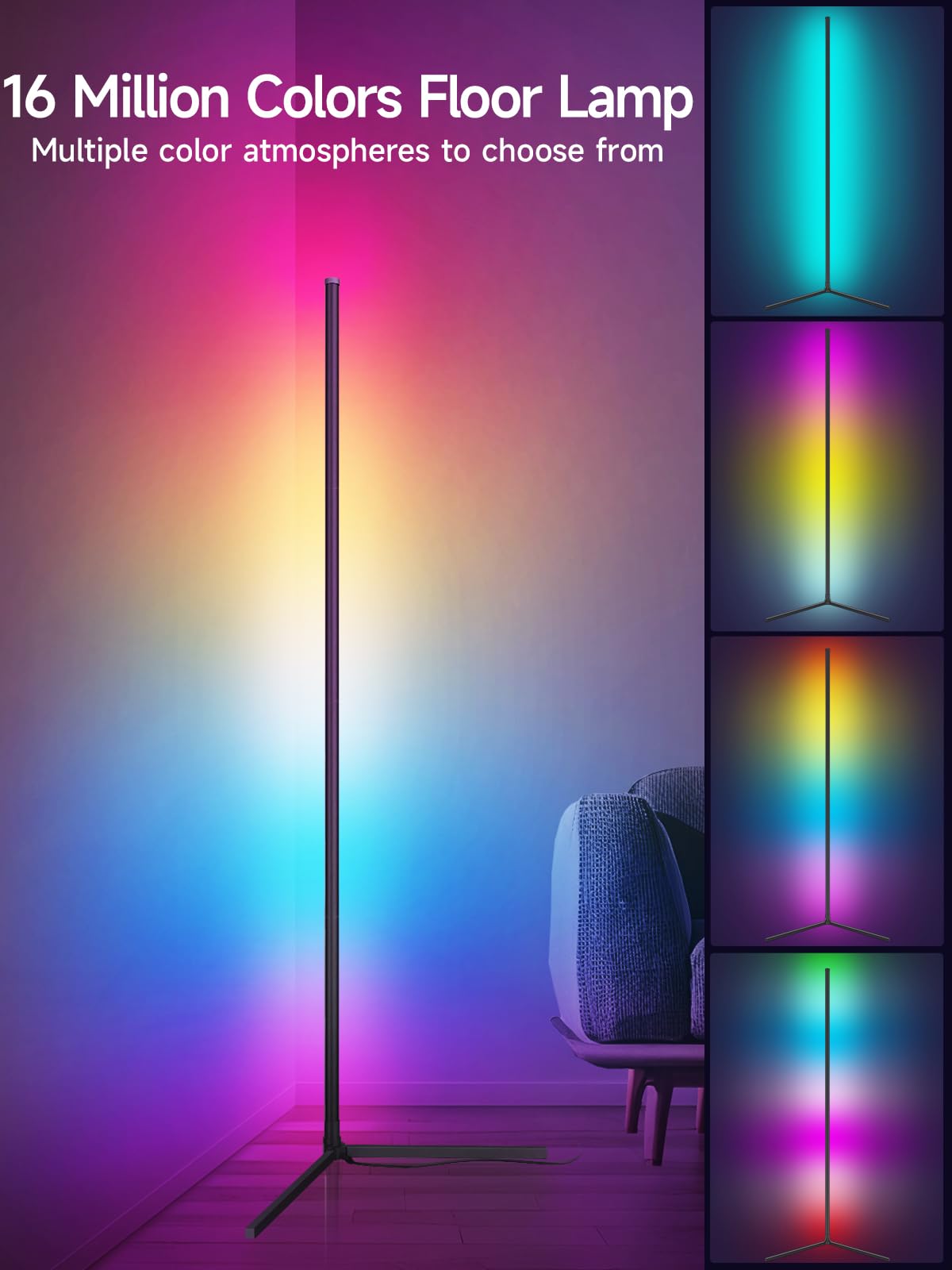 Tyute RGB LED Corner Floor Lamp with Music Sync, Smart App & Remote Control, Multicolor Ambience Light, Model T-600
