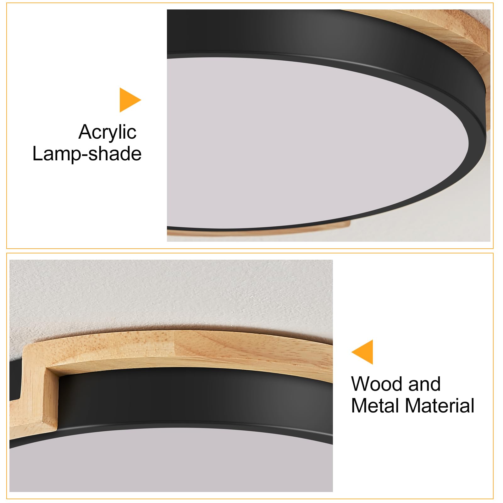 Peblto Modern Led Close To Ceiling Light, Round Shape Flush Mount Ceiling Light Fixture, Matte Black With Wood Accent, Minimalis