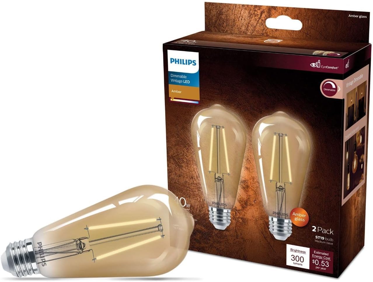 Philips Led Vintage Flicker-Free Amber Straight St19 Dimmable, Eyecomfort Technology, 300 Lumen, Amber Light(2000K), 4.4W=40W, Title 20 Certified, E26 Base, 2-Pack, (564849)