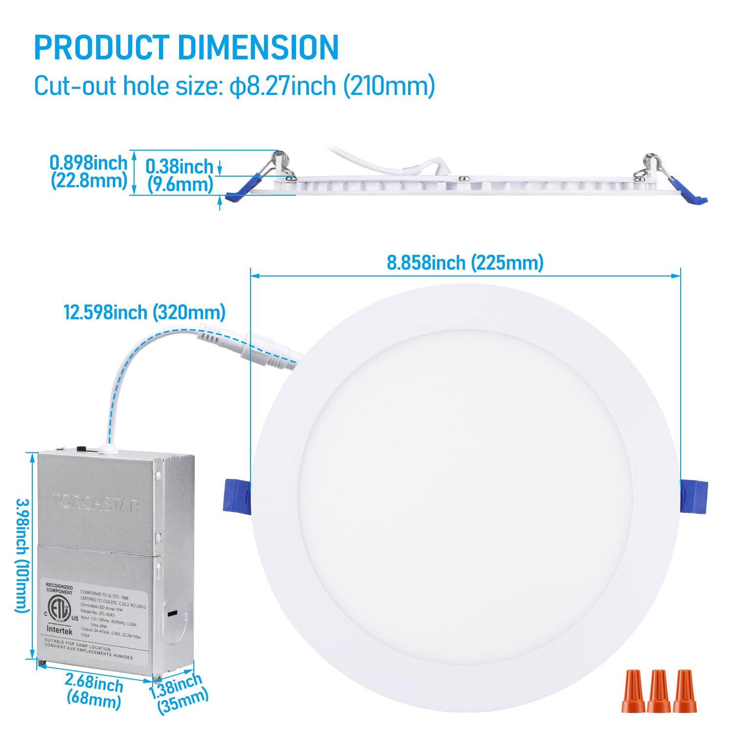 Torchstar Ultra-Thin 8 Inch 5Cct Led Recessed Light With J Box, Cri90 5%-100% Dimmable Aluminum Recessed Downlight, Etl & Es, 27