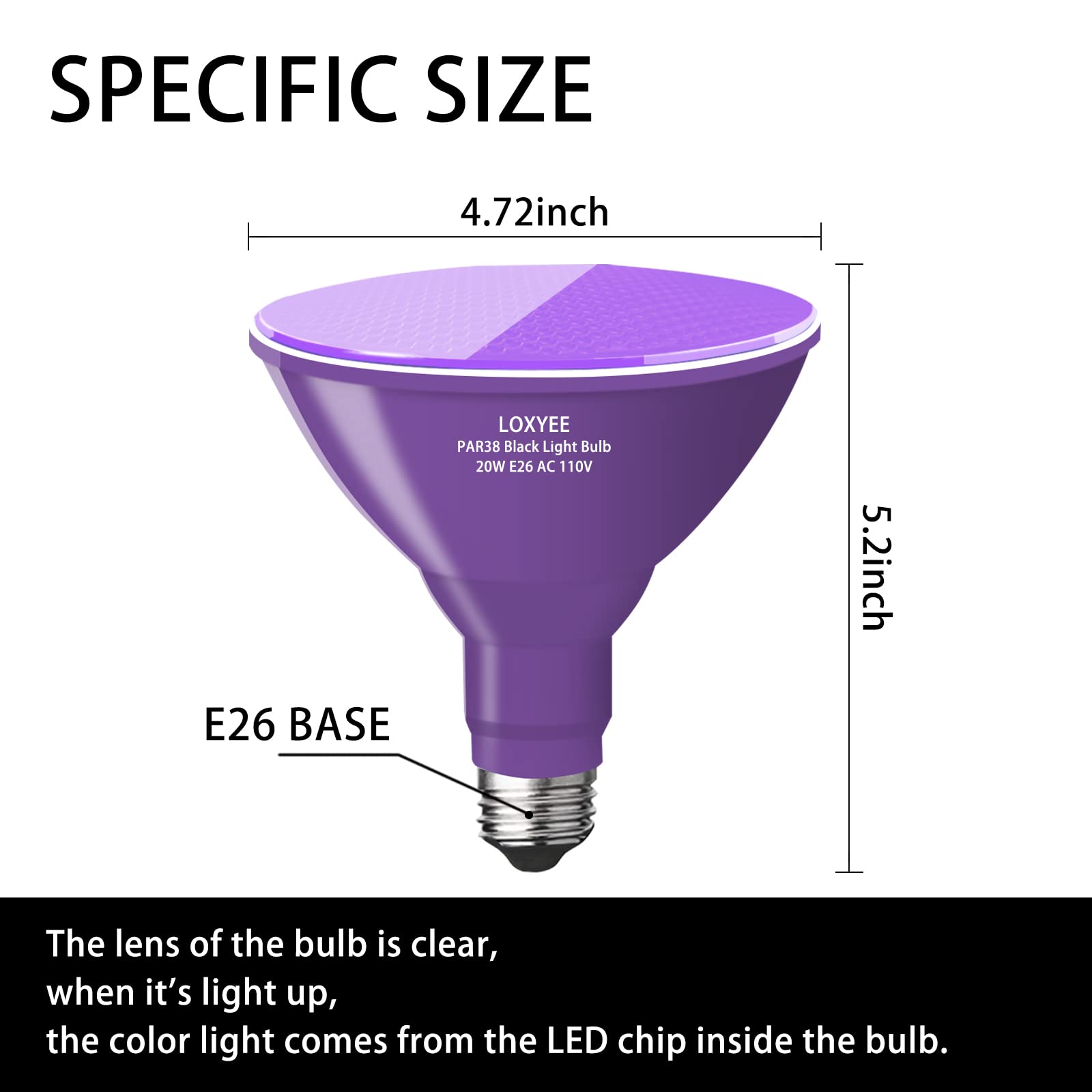 LOXYEE PAR38 Halloween LED Black Light Bulbs 2 Pack,E26 Base 20W(200W Equivalent) Black Light UVA Level 385-400nm, Glow in The D