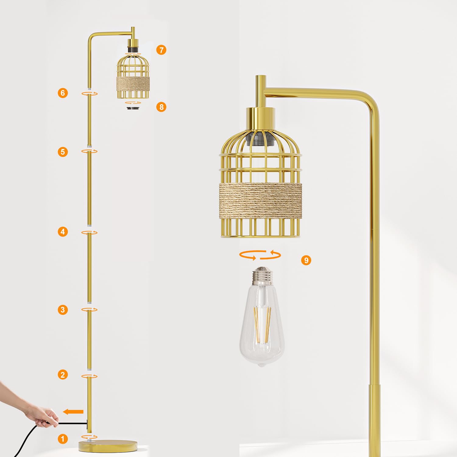 Oneach 66'' Gold Floor Lamp For Living Room, Industrial Floor Lamp With Led Buld, Rattan Shade, Foot Switch, Minimalist Farmhous