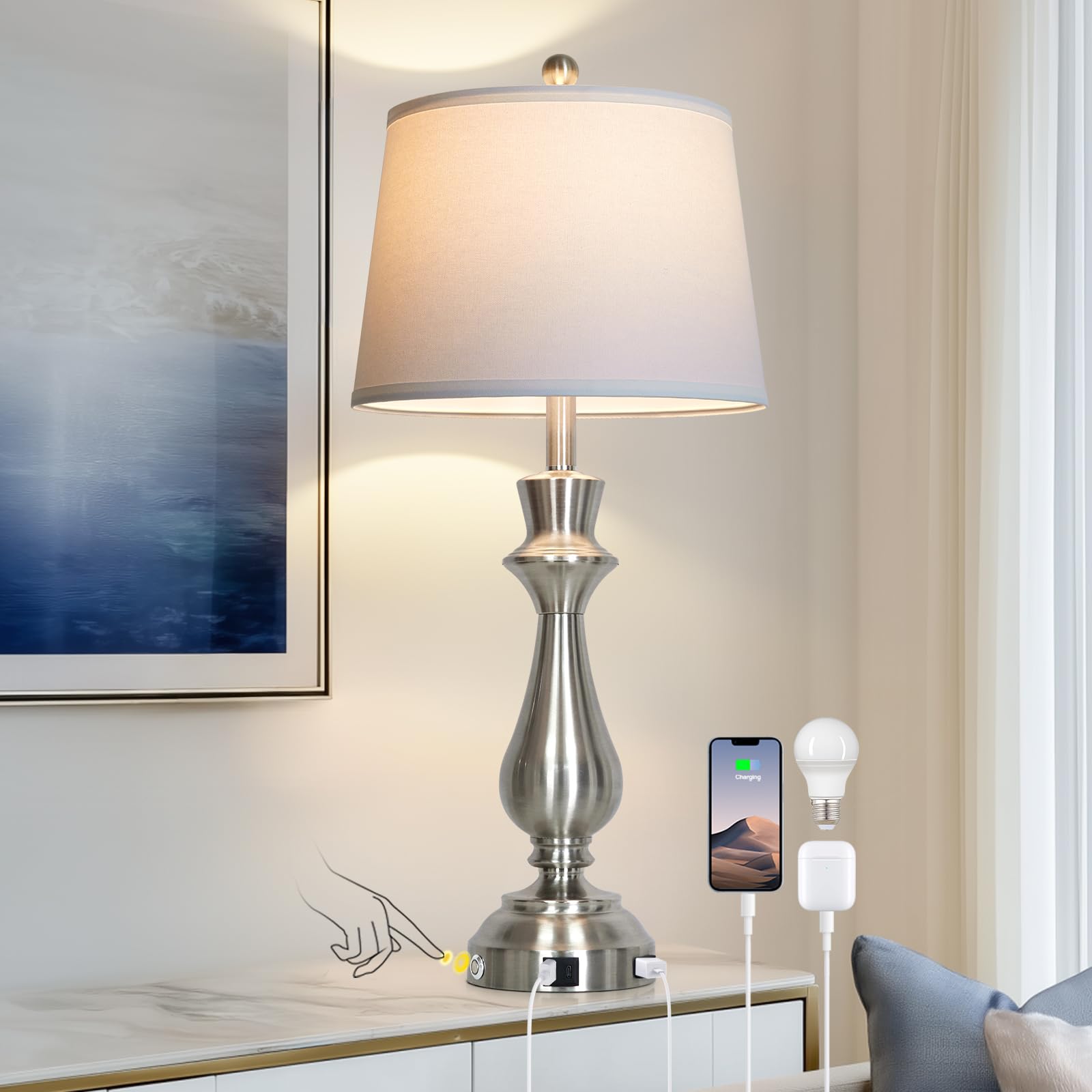 Cinkeda Silver Touch Lamps for Night Stand - 29.5 Tall Bedside Lamp with USB C+A  3 Way Dimmable Bedroom Lamps  Brushed Nickel Table Lamps for Living Room Single Silver