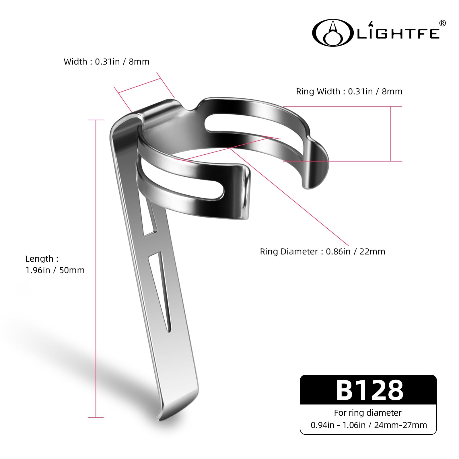 Lightfe B128 Flashlight Clip For 24-27Mm Diameter, 8-8.4Mm Slot Width - Stainless Steel, Multi-Use Clip