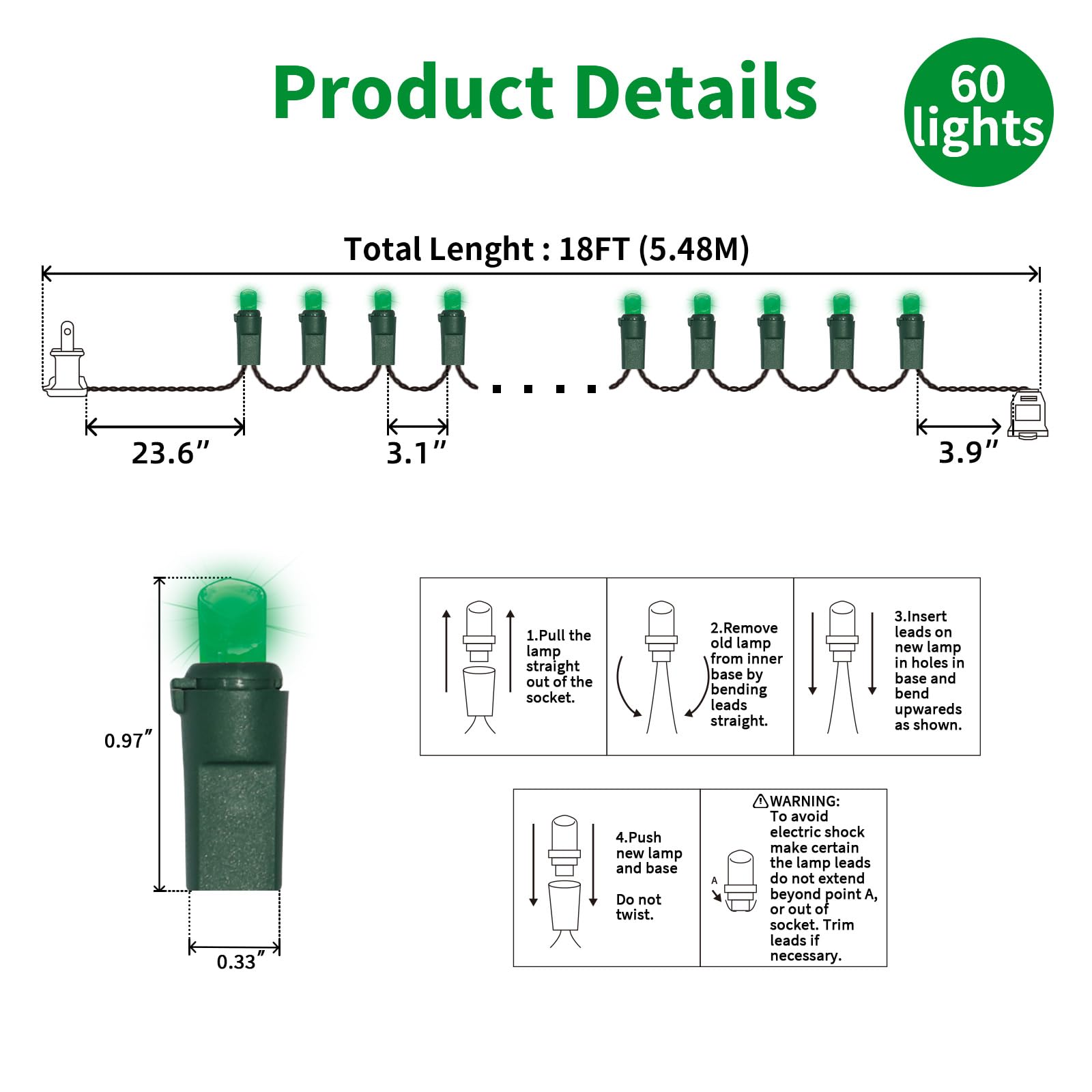 Lamphome 60 Count Green- String Lights - Led Christmas Lights, Mini Led Lights For Indoor Outdoor Home Holiday Party Wedding Independence Day Decoration
