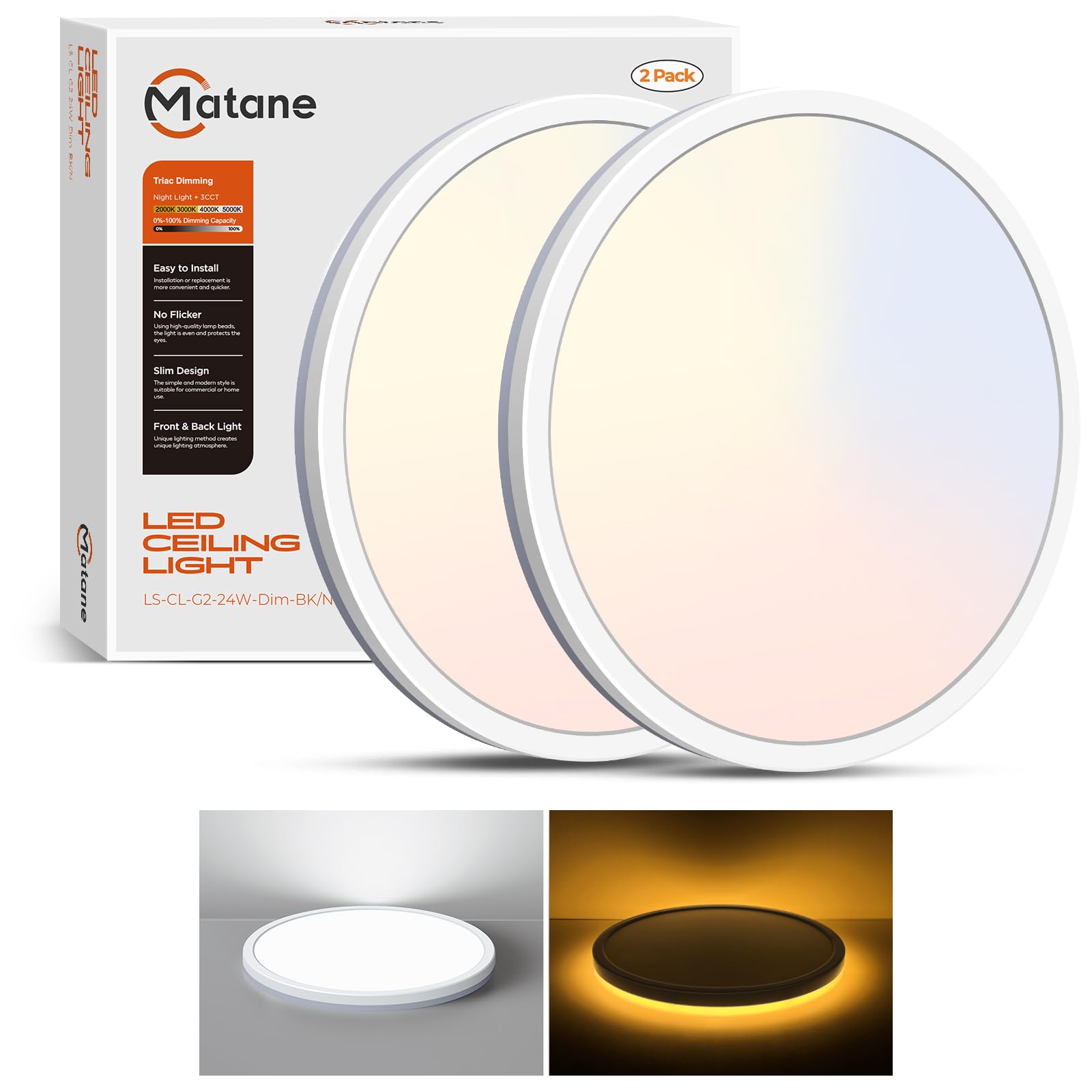 Matane LED Flush Mount Ceiling Light Fixture, 12inch 24W, 2400LM, Dimmable, Night Light, White, Model LS-CL-G2-24W-Dim