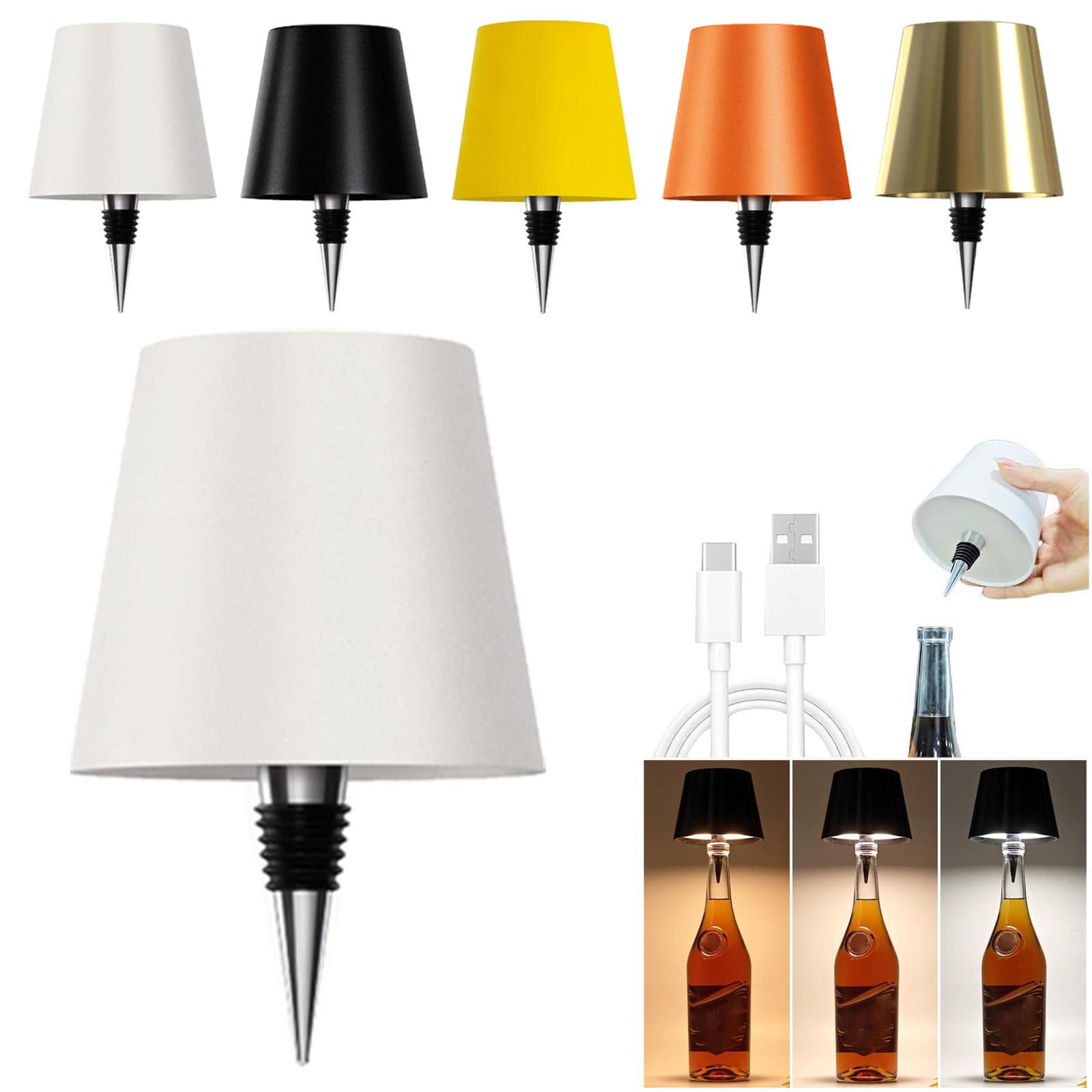 uwsfarv Wireless Bottle Lamp, Wine Bottle Lamp Shade 3 Color Temperature Rechargeable Bottle Lights for Liquor Bottles, Wireless Table Lamp Cork for Bedroom, Restaurant & Bar, (White)