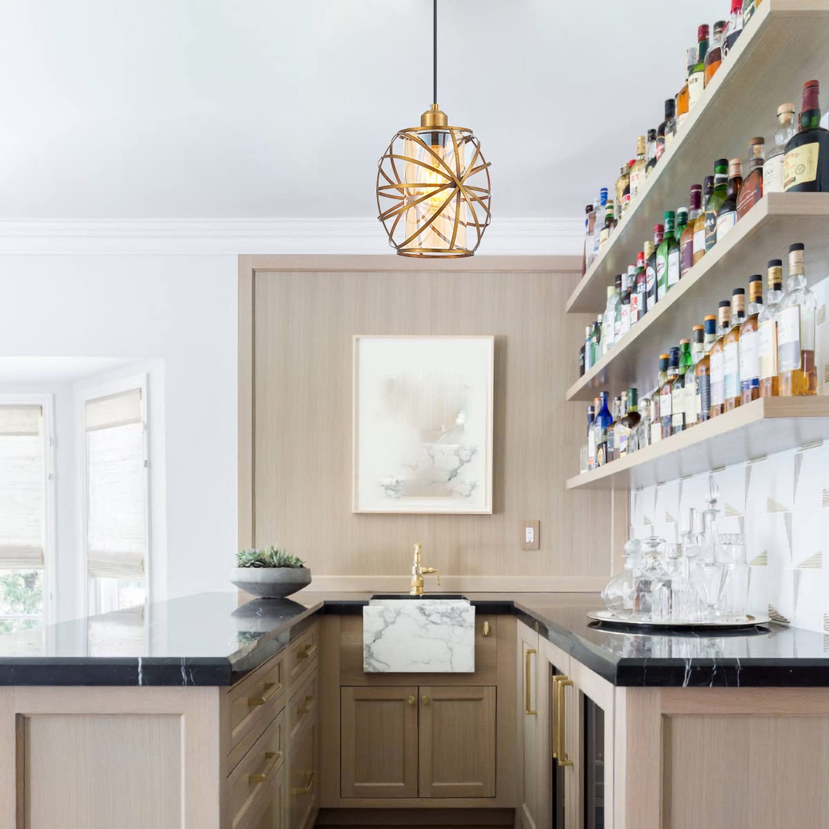 YLONG-ZS Gold Plug-in Pendant Light, Dimmable Glass Hanging Lamp for Kitchen Island, Bedroom, Living Room, Model YL26A-Gold