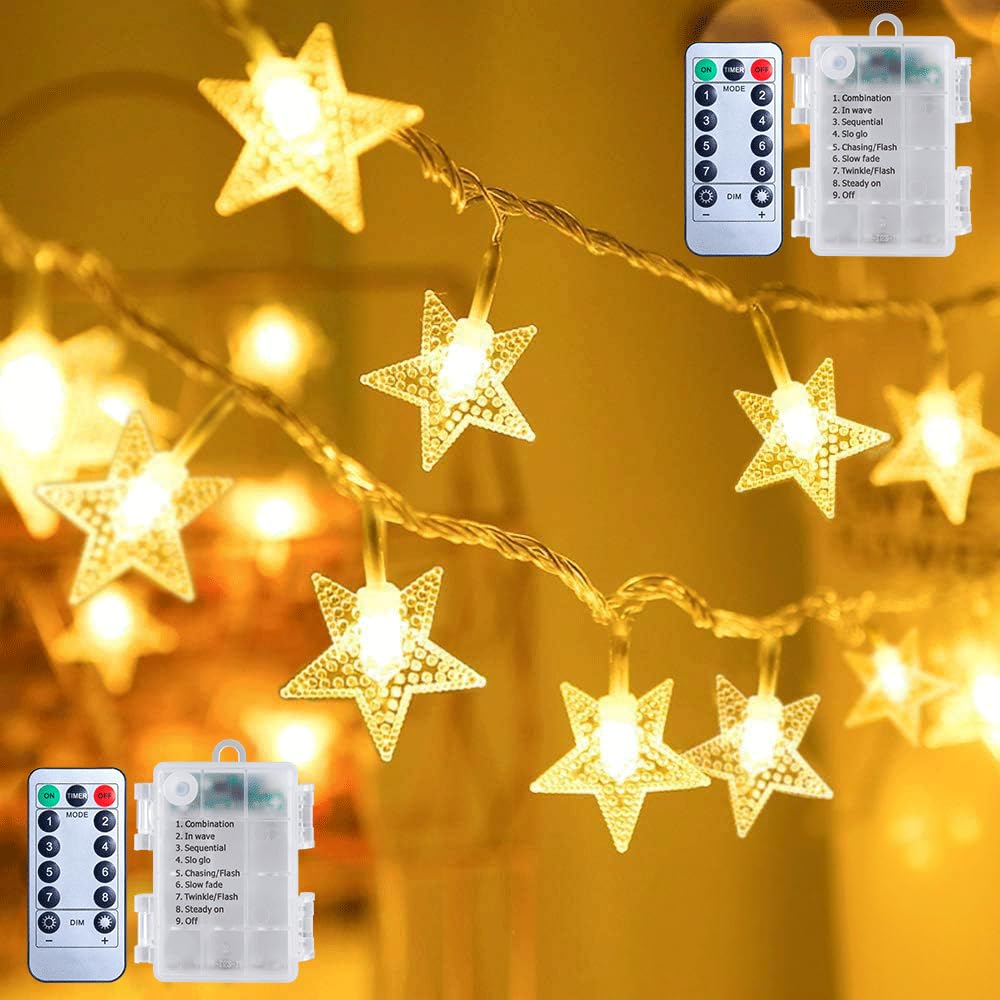 Brightown Star String Lights - 50 LED, 17 ft, Battery Operated, Warm White, Waterproof, Remote & Timer for Party Decor