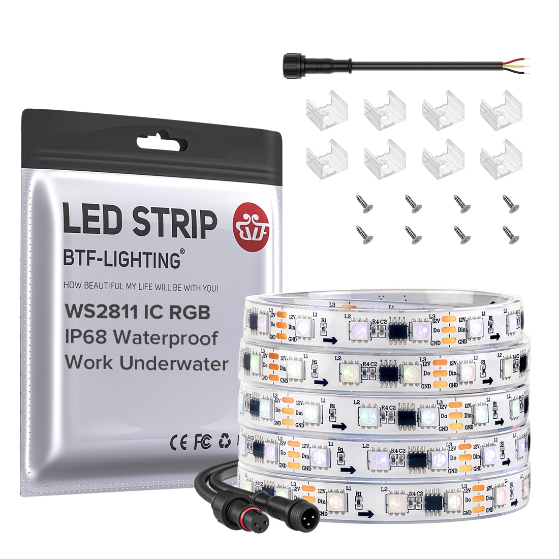 BTF-LIGHTING WS2811 RGB LED Strip, IP68 Waterproof, 60 LEDs/m, 16.4ft, White PCB, Flexible, DC12V, Model WS28115M